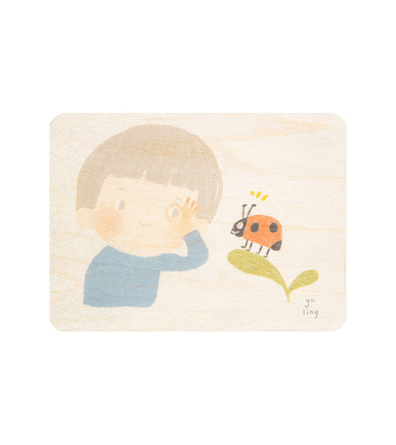 WOODHI Lu Yu Ling Boy and Ladybird Mini Wooden Card - Handmade Wooden Greeting Card for Birthdays, Anniversaries & Special Occasions
