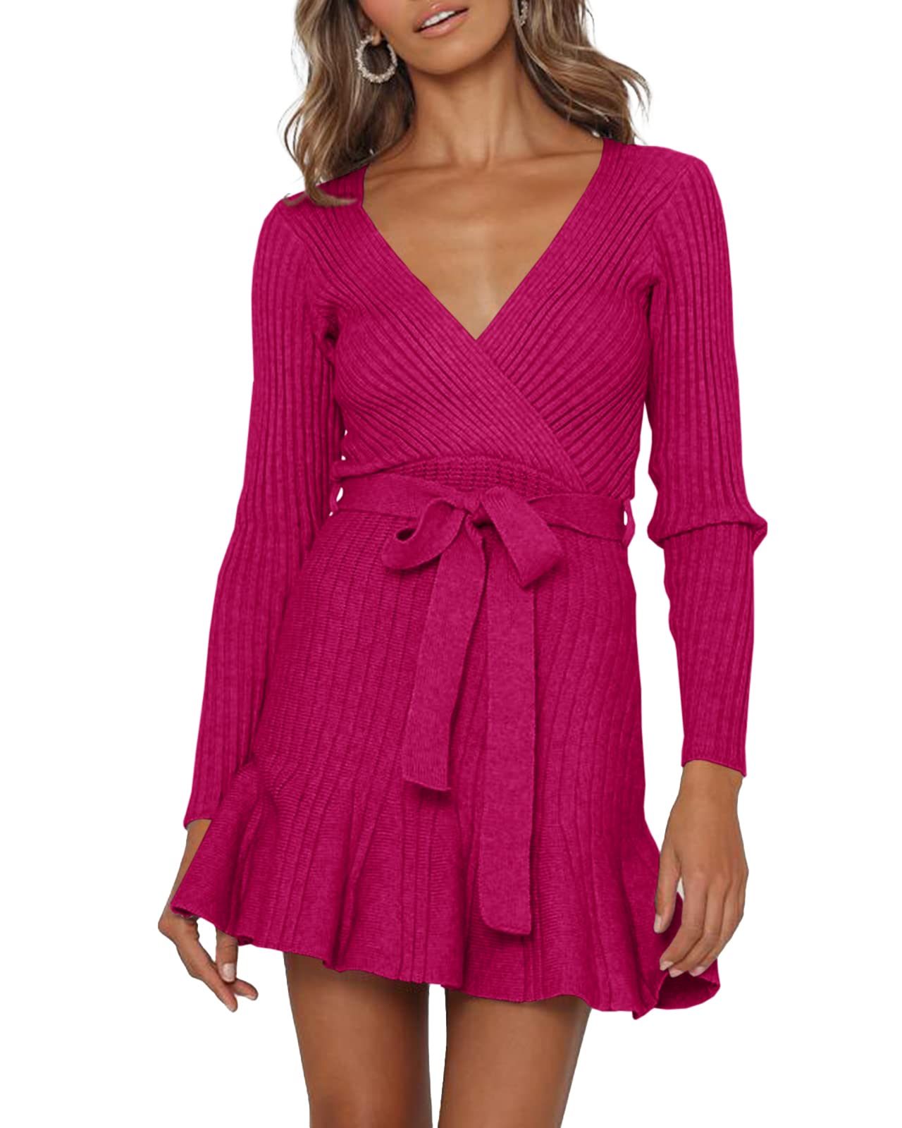 Sexy Women's Midi Sweater Dress - Wrap V-Neck, Belted Bodycon with Ruffle & Ribbed Details for Wedding Guest, Party & Casual Wear