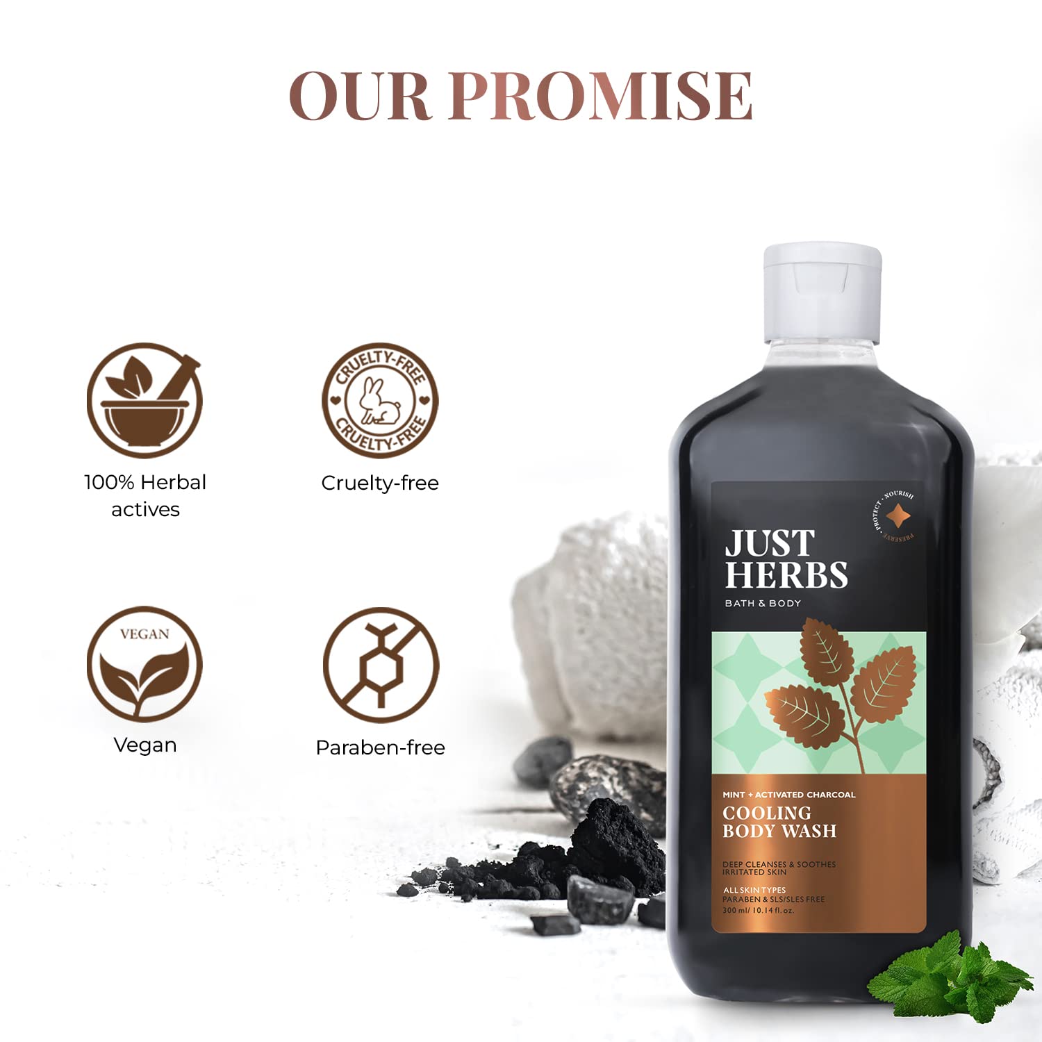 Just Herbs Deep Cleansing Cooling Body Wash with Mint & Activated Charcoal - 300ml Detoxifying Shower Gel for Men & Women - Refreshing for Post-Workout & Hot Summer Days