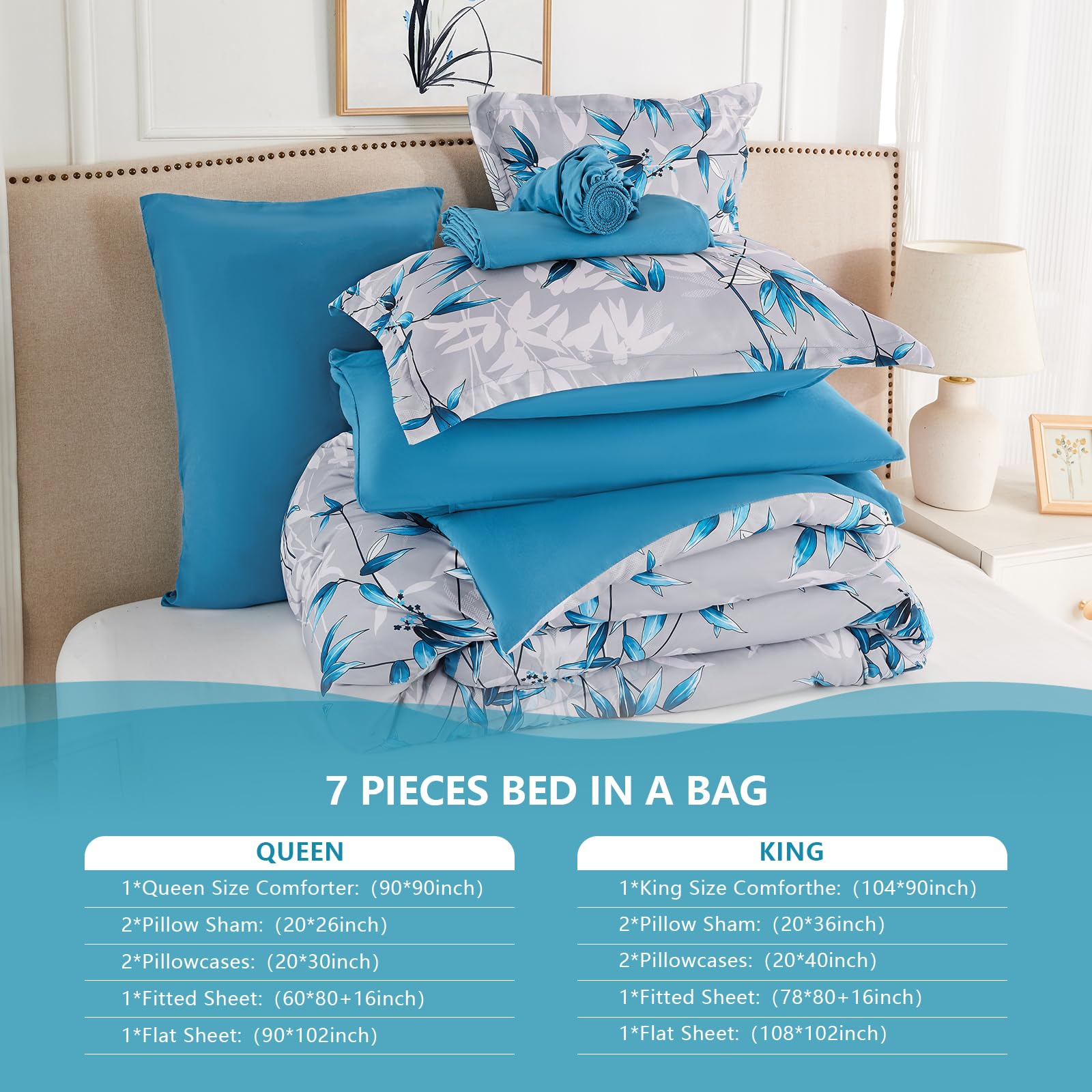 Premium 7-Piece Queen Comforter Set - Soft Lightweight Botanical Leaf Pattern Bedding with Comforter & Sheets | All-Season Blue Bed in a Bag | Perfect for Master Bedroom, Guest Room & Dorm Decor