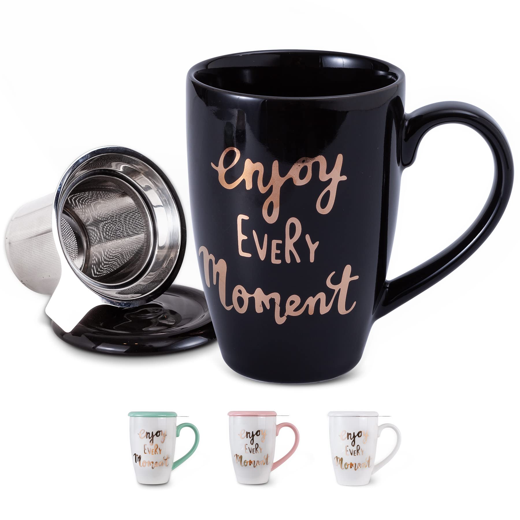 Premium Porcelain Tea Mug with Stainless Steel Infuser - 16 oz Ceramic Tea Cup with Lid, Black - Perfect for Loose Leaf Tea, Herbal Tea, and Coffee at Home or Office