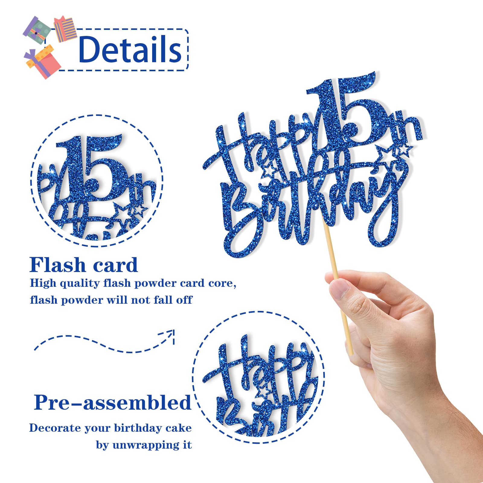 15th Birthday Cake Topper - Glitter Blue Cake Decor for 15 Year Old Girl or Boy - Teen Birthday Party Supplies - Perfect for Sweet 15 Celebrations & Quinceañera Parties