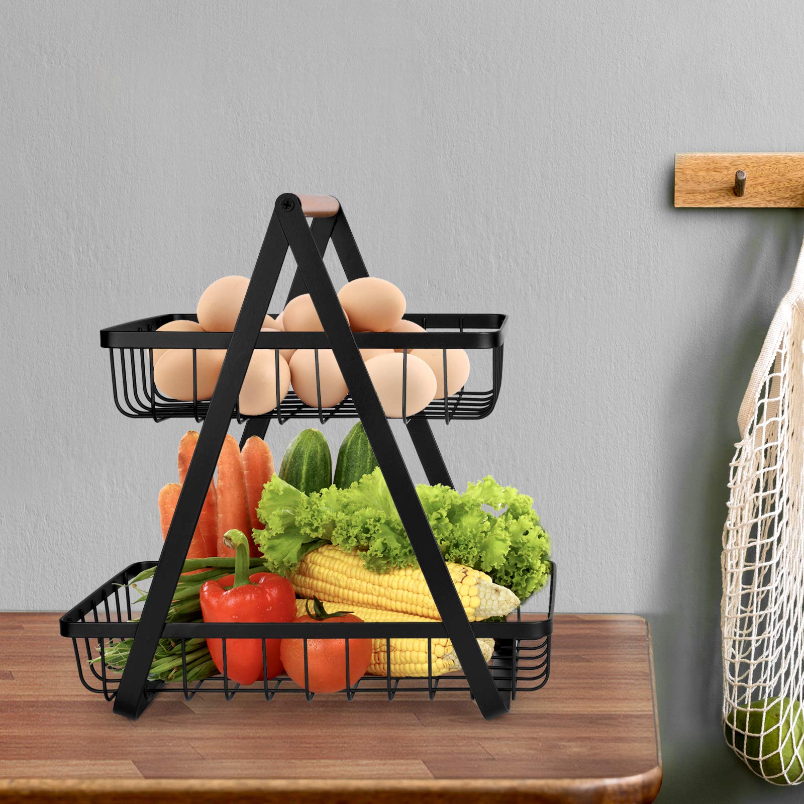 2-Tier Countertop Fruit Basket - Kitchen Storage Organizer for Fruits, Vegetables, Bread - Space Saving Black Wire Basket for Counter, Pantry & Dining Table Display