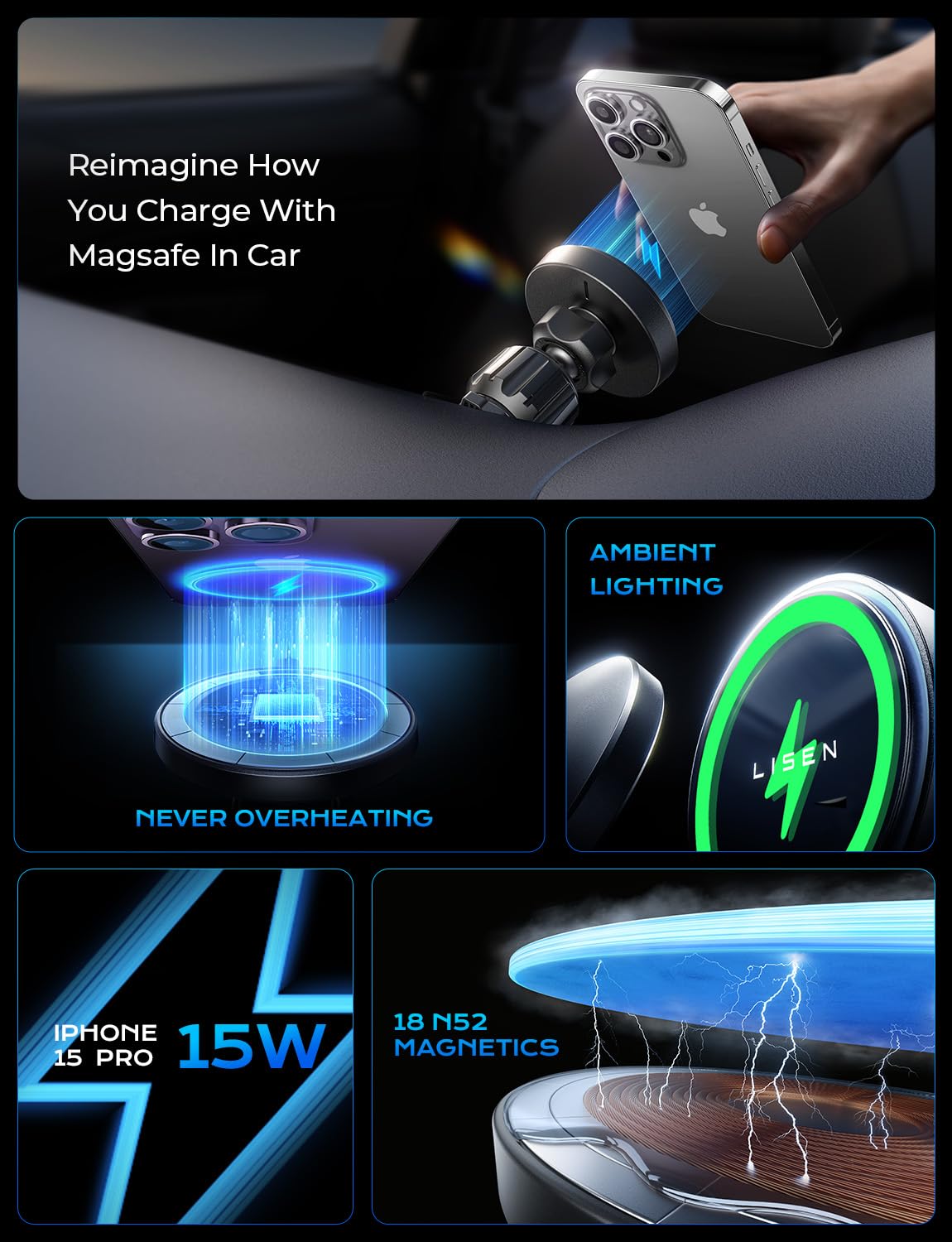LISEN MagSafe Car Mount Charger for iPhone 16/15/14/13/12 - Strong Magnetic Wireless Car Phone Holder & Fast Charging Dashboard Vent Mount - Perfect for Driving, GPS Navigation & Hands-Free Calls