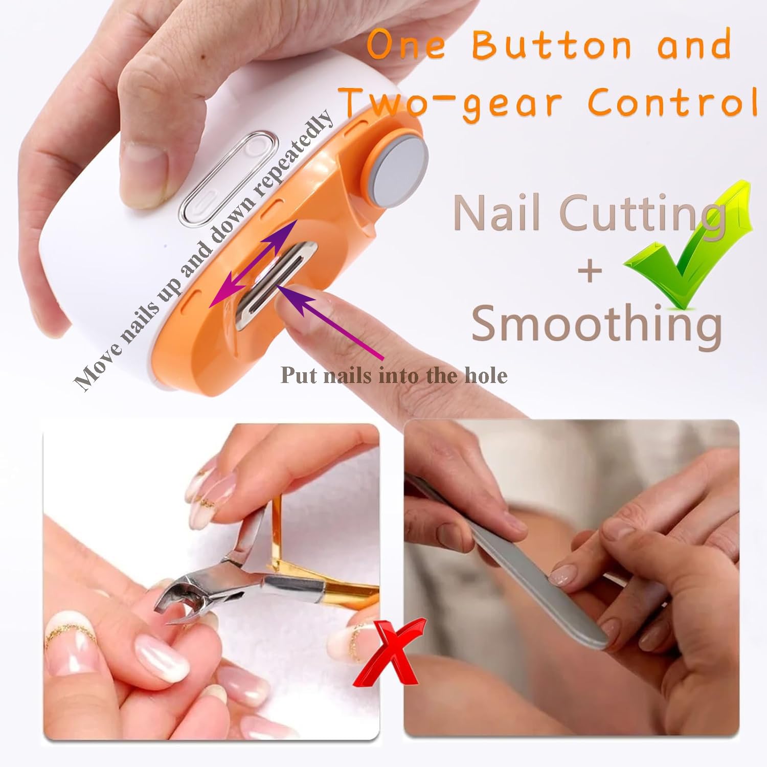 Electric Nail Clipper 3-in-1 with LED Light & Polisher - Rechargeable Automatic Nail Trimmer for Kids, Seniors & Caregivers - Portable Fingernail Cutter with Storage - Perfect for Home, Travel & Elderly Care (Orange)