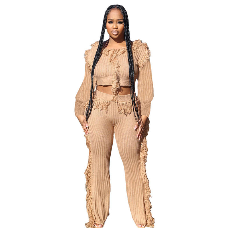 Solid Color Knitted Long Sleeve Fringe Suit for Women - Cozy Winter Outfit, Casual Office Wear & Holiday Party Fashion