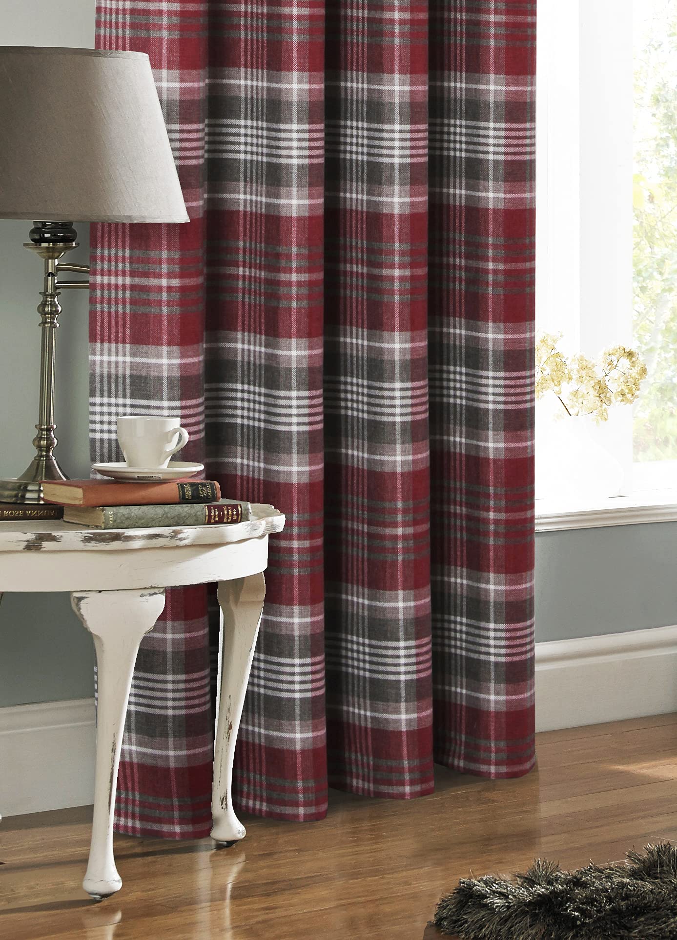 Always4u Red Plaid Grommet Curtains - Highland Woolen Look Tartan Drapes for Bedroom & Living Room - Checkered Grey & Red Window Panels (54x63 Inches) - Perfect for Cozy Winter Decor & Farmhouse Style Homes