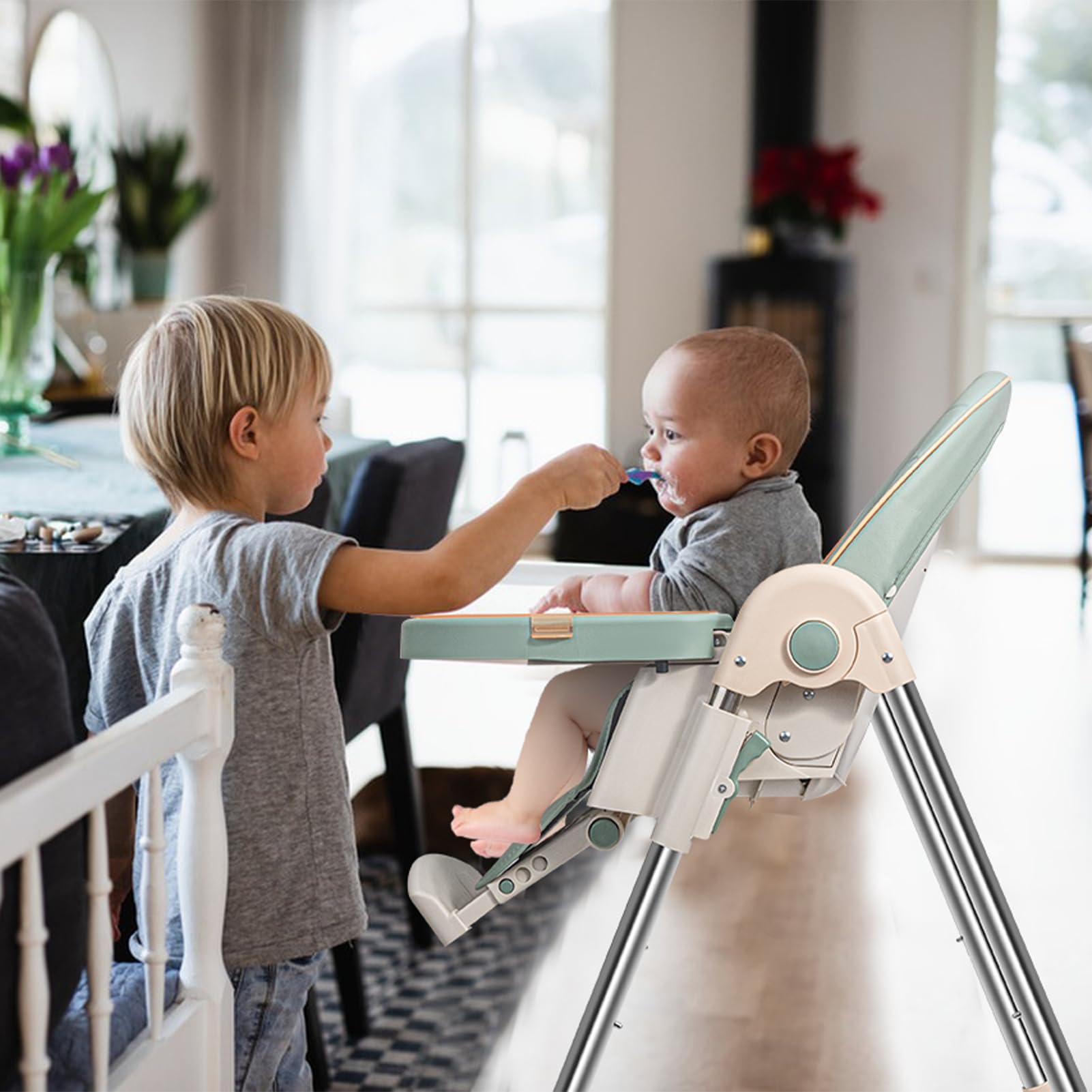 **Adjustable Baby High Chair for Infants & Toddlers - Foldable, 4-Wheel Design with Double Removable Trays - Supports Up to 50KG - Perfect for Feeding, Playtime & Dining**