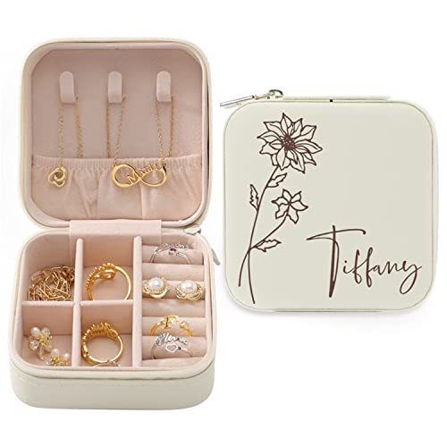 Personalized Birth Flower Jewelry Box with Name - Custom Small Travel Organizer Jewelry Case Set for Women, Mom & Best Friends | Christmas & Birthday Gift Ideas for Her | Perfect for Travel, Home Storage & Special Occasions