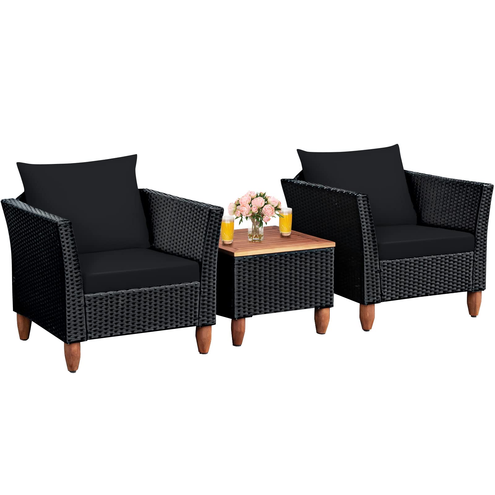 Tangkula 3-Piece Patio Furniture Set - Outdoor Wicker Rattan Bistro Sofa with Washable Cushions & Acacia Wood Coffee Table - Adjustable Feet for Balcony, Backyard, Porch - Perfect for Relaxing, Entertaining & Outdoor Dining