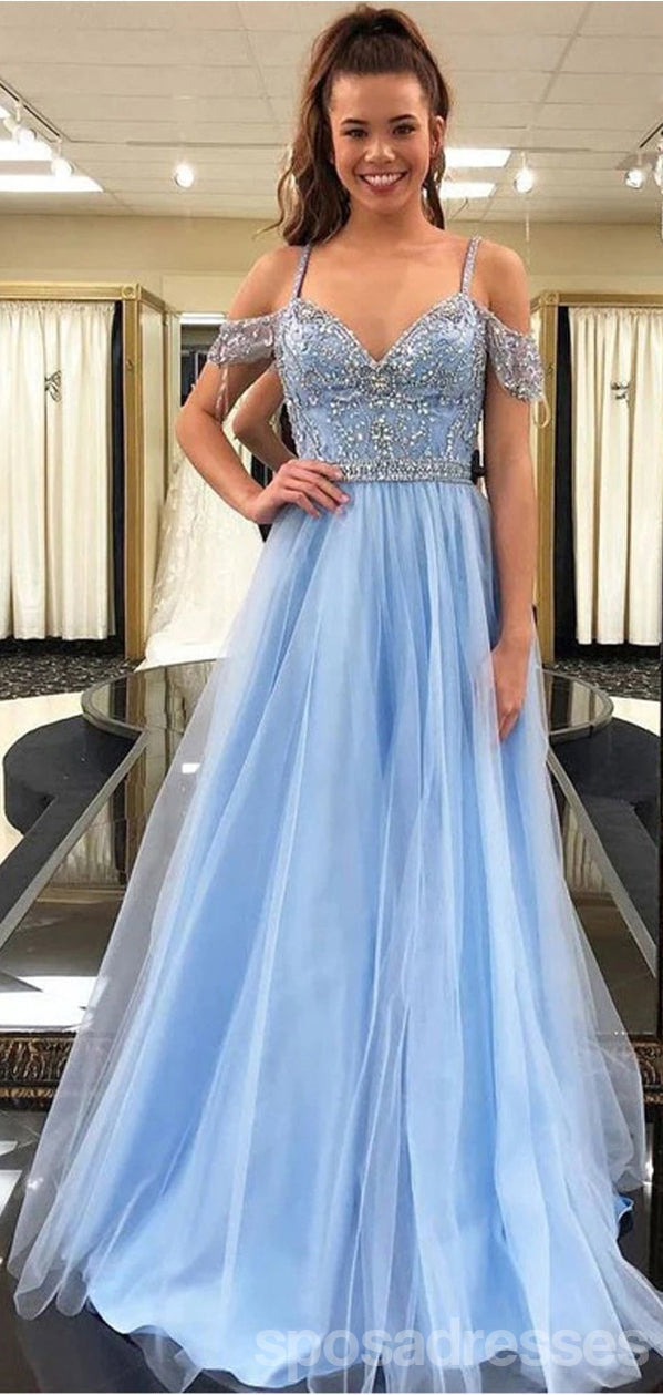 Elegant Blue A-Line Cold Shoulder Maxi Prom Dress for Women | Formal Evening Gown | Perfect for Prom, Homecoming, Weddings & Special Occasions