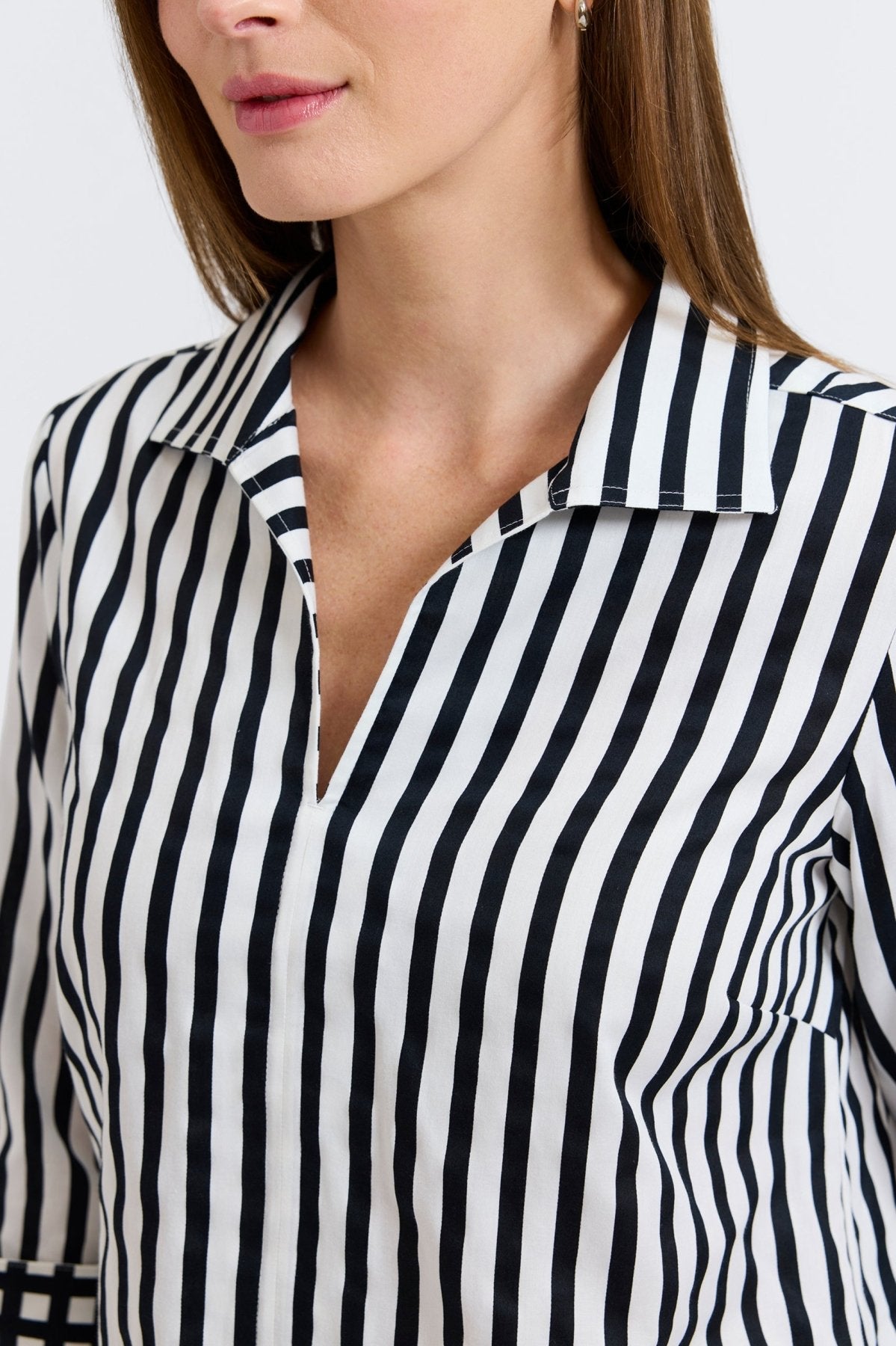 Agnes Black Stripe & Gingham 3/4 Sleeve Popover Shirt for Women - Casual Office Wear & Spring Outfits