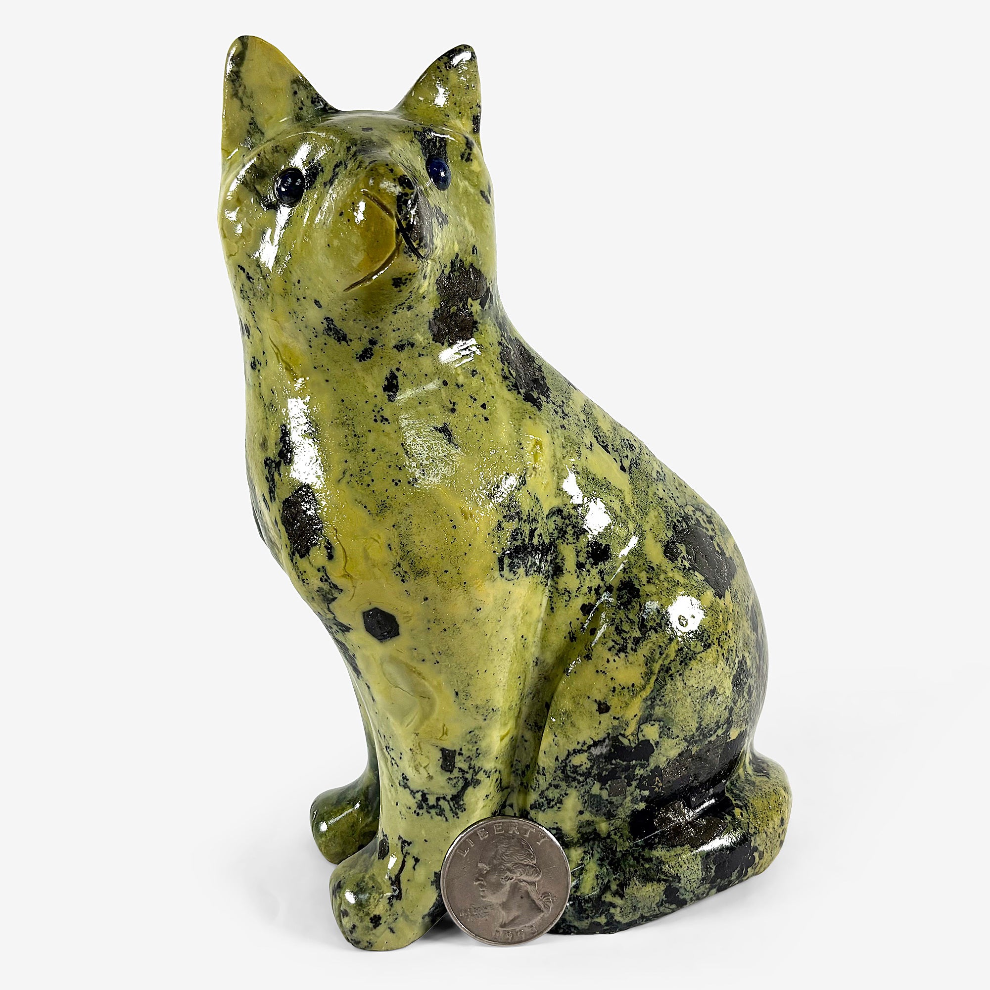 Hand Carved Serpentine Cat Figurine - Natural Gemstone Animal Statue for Home Decor, Office Desk Display & Feng Shui Collection