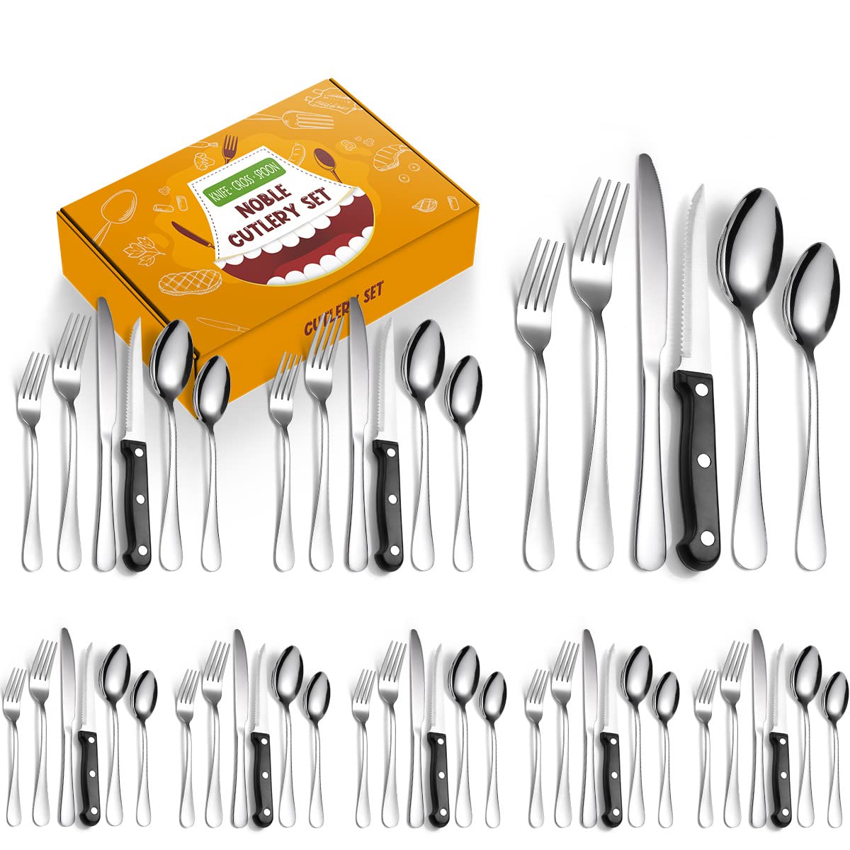 48-Piece Stainless Steel Silverware Set - Mirror Polished Flatware Cutlery Service for 8 (Knives, Forks, Spoons & Steak Knives) - Dishwasher Safe Tableware for Everyday Dining, Dinner Parties & Restaurant Use