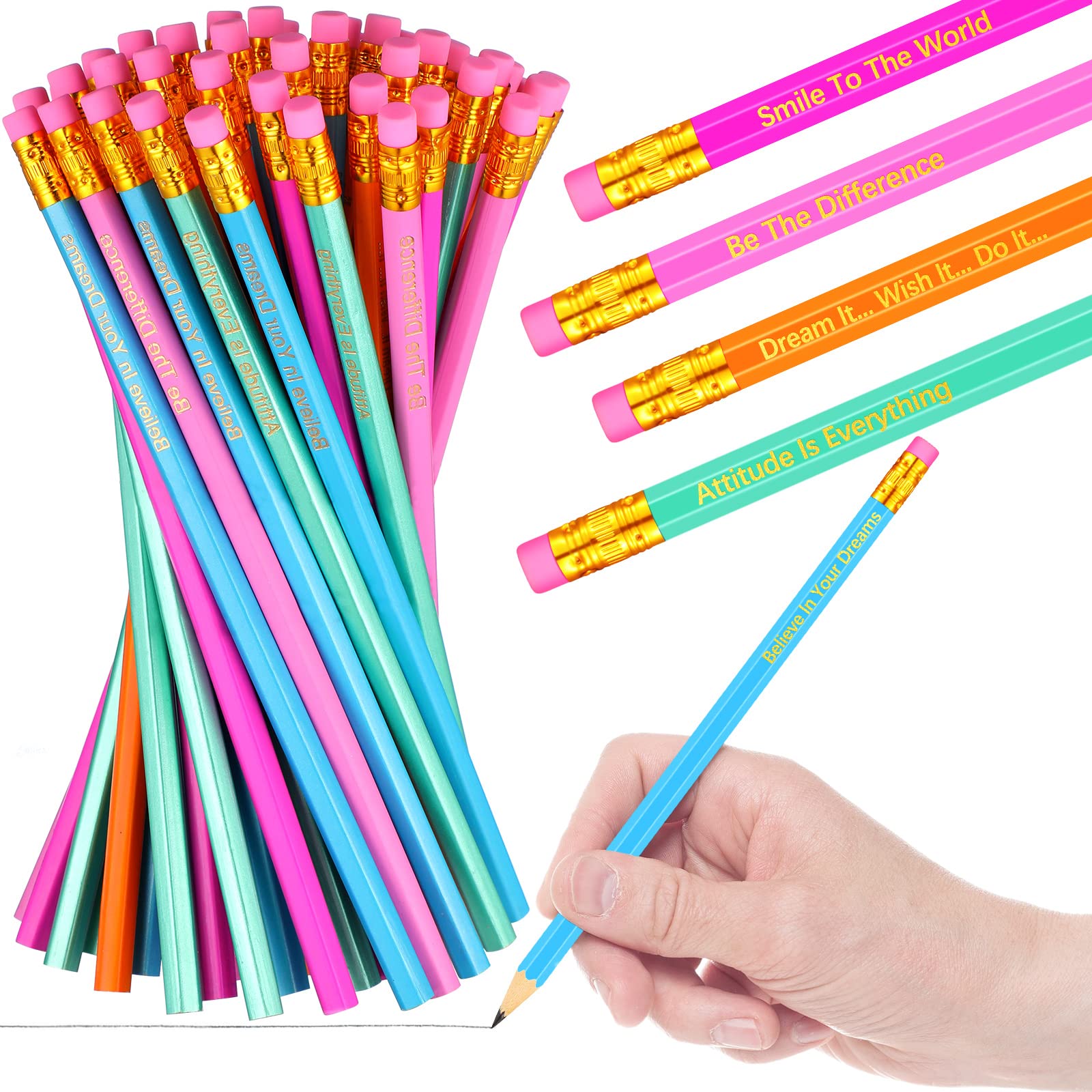 60-Pack Custom Motivational Pencils with Inspirational Quotes - Personalized Wooden Pencils for Students, Teachers & Office Use (5 Colors) - Perfect for Classroom Rewards, Teacher Gifts & Office Motivation