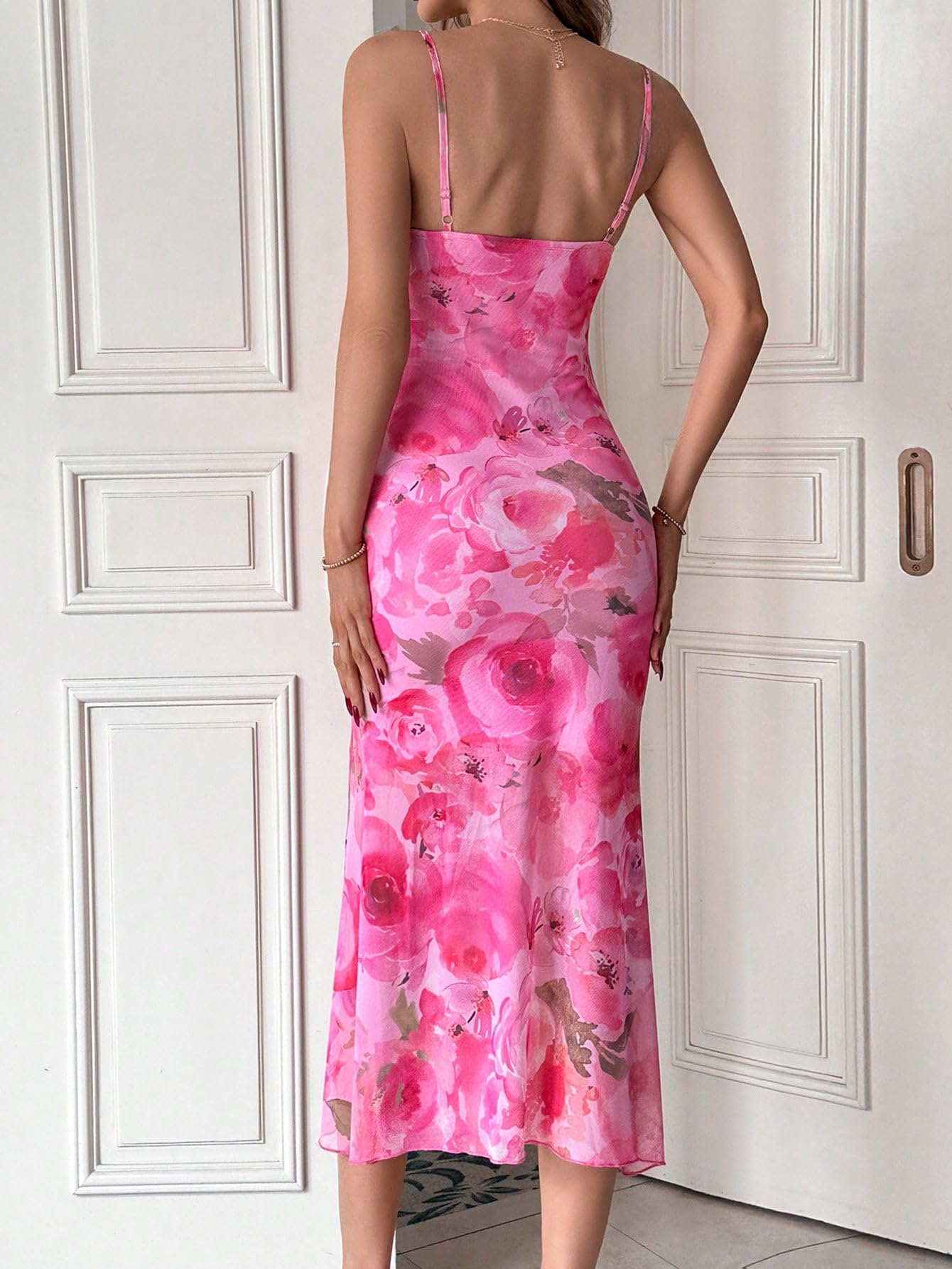 GORGLITTER Women's Floral Ruched Bodycon Midi Dress - Mesh Fishtail Summer Cocktail Dress for Wedding Guest, Party & Night Out | Elegant & Sexy Formal Occasion Wear 2025