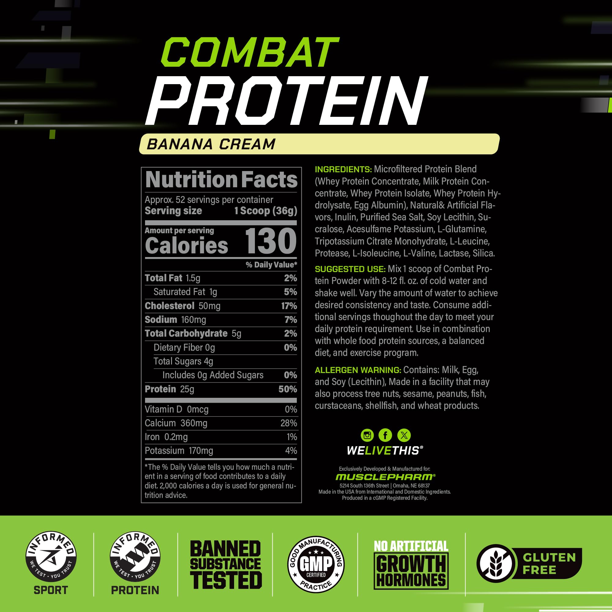 MusclePharm Combat Protein Powder - Banana Cream Flavor, 5 Protein Sources (Whey Isolate & Egg Albumin), Gluten Free, 4lb (52 Servings) - Post Workout Recovery & Muscle Growth Supplement for Athletes & Fitness Enthusiasts