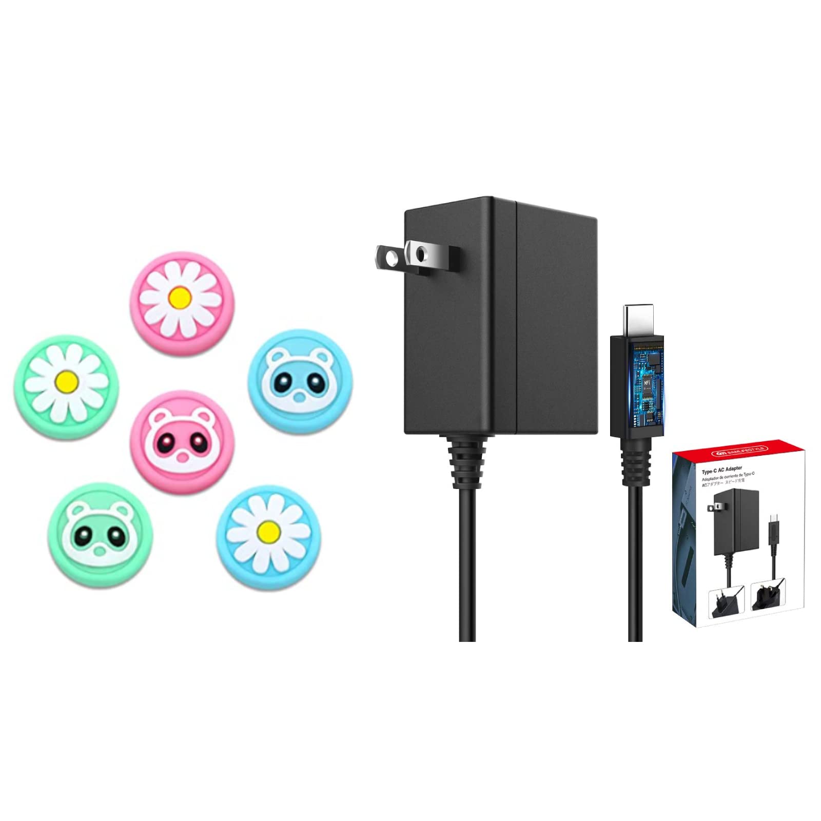 Nintendo Switch Fast Charger 15V 2.6A PD Power Adapter with 6-Pack Cute Flower Silicone Thumb Grip Caps - Compatible with Switch & Lite for TV Dock & Handheld Gaming