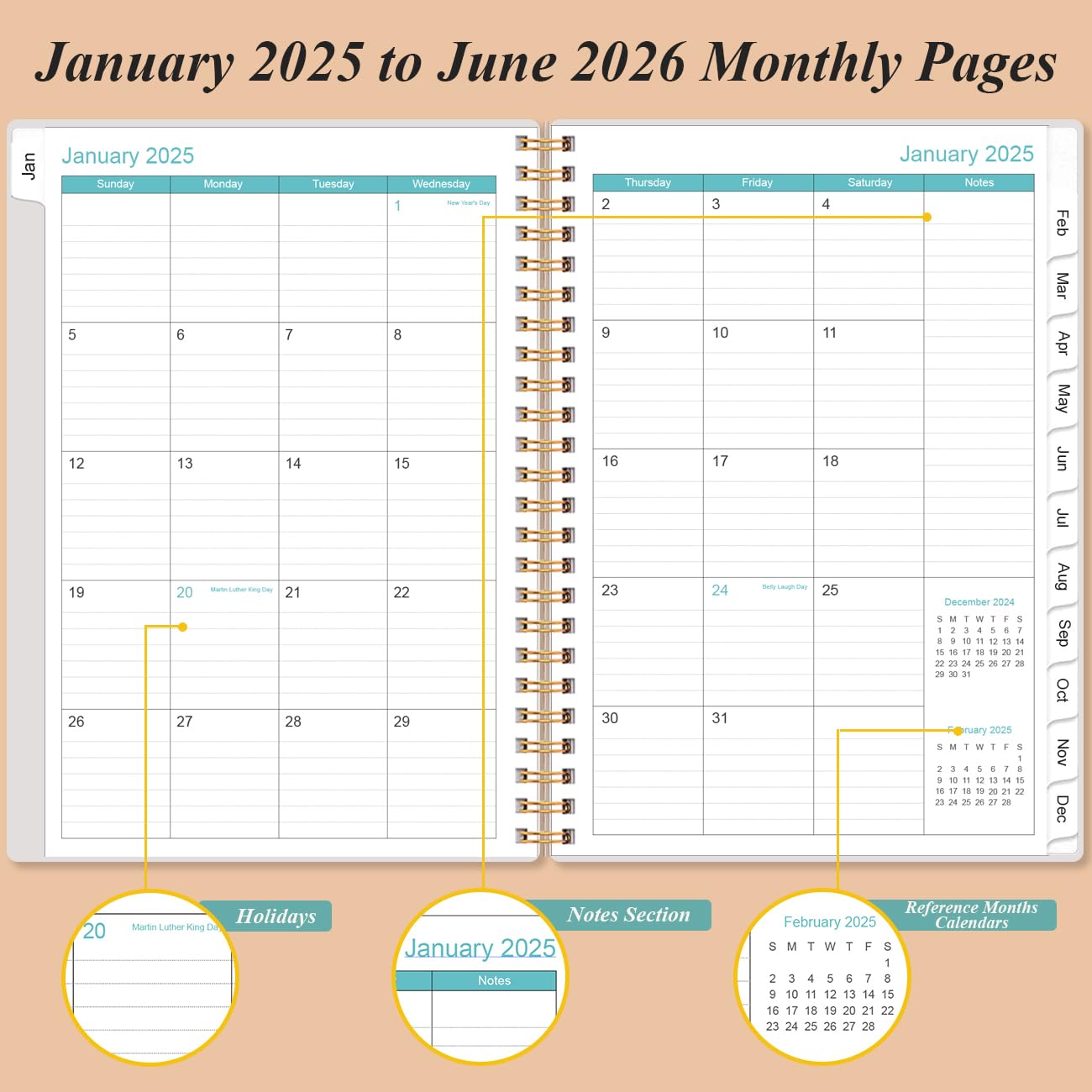 2025-2026 Monthly Planner - January 2025 to June 2026, 18-Month Calendar with Tabs, Twin-Wire Binding & Inner Pocket, 6.4
