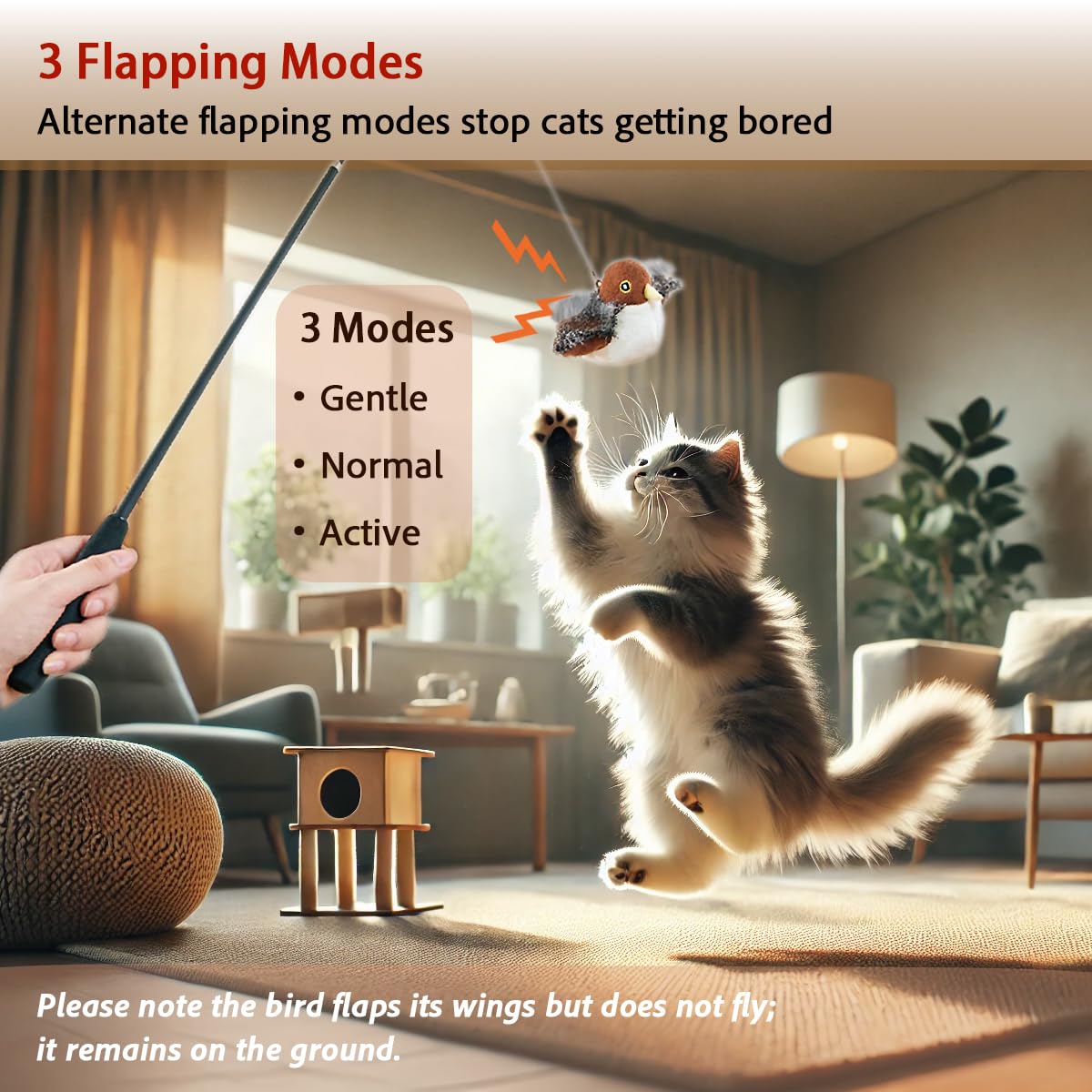 Realistic Rechargeable Interactive Cat Toy - Flappy Bird with Touch Activation & Chirping Sounds for Kittens - Exercise & Play with Moving Sparrow & Catnip - Perfect for Indoor Cats & Playtime Fun