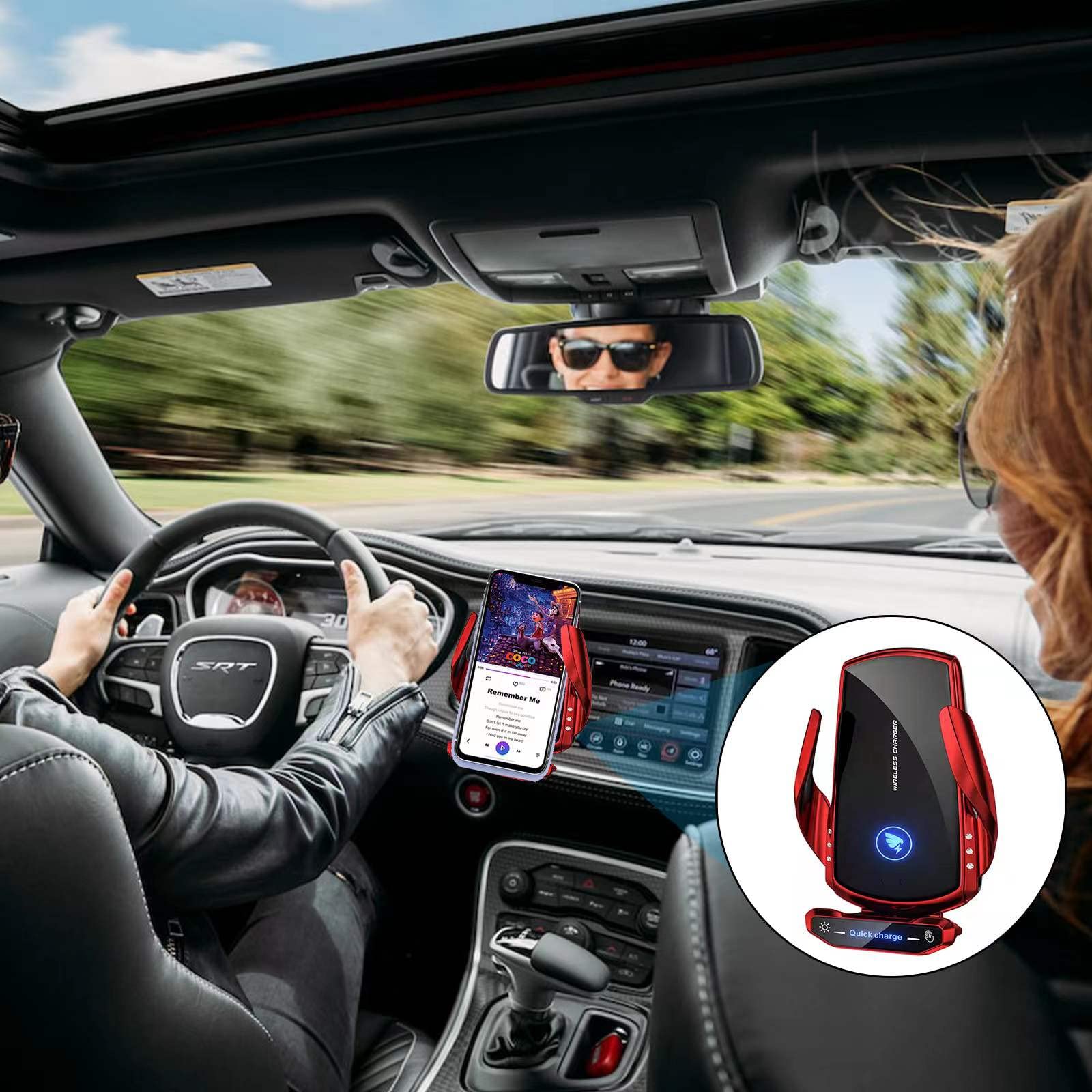 15W Fast Wireless Car Charger Mount - Auto Clamping Phone Holder for Android - Red - Perfect for Commuting & Road Trips