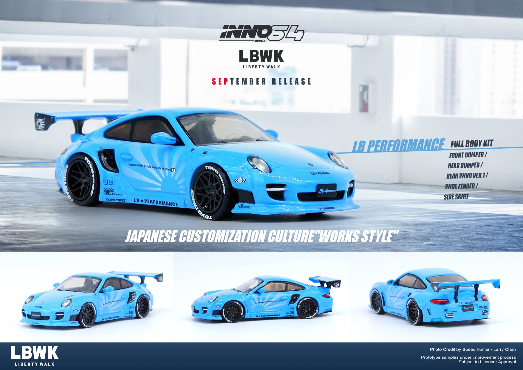 INNO Models 1:64 Scale Porsche 997 Liberty Walk Diecast Model Car - Baby Blue Color - Perfect for Collectors, Display, and Racing Enthusiasts