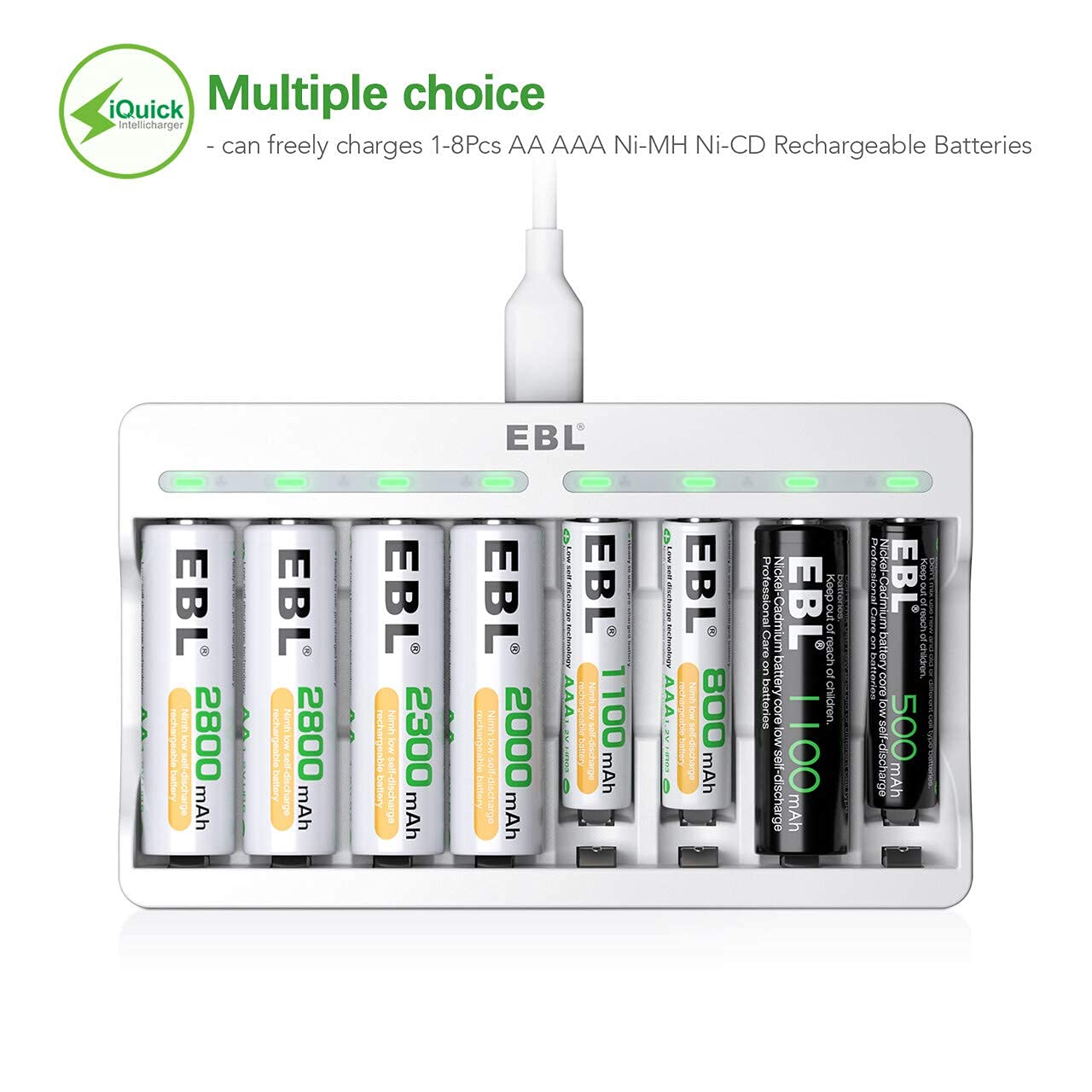EBL 8 Bay Universal AA AAA Battery Charger with Individual Fast Charging for Ni-MH Ni-CD Rechargeable Batteries - Perfect for Home, Office, and Travel Use
