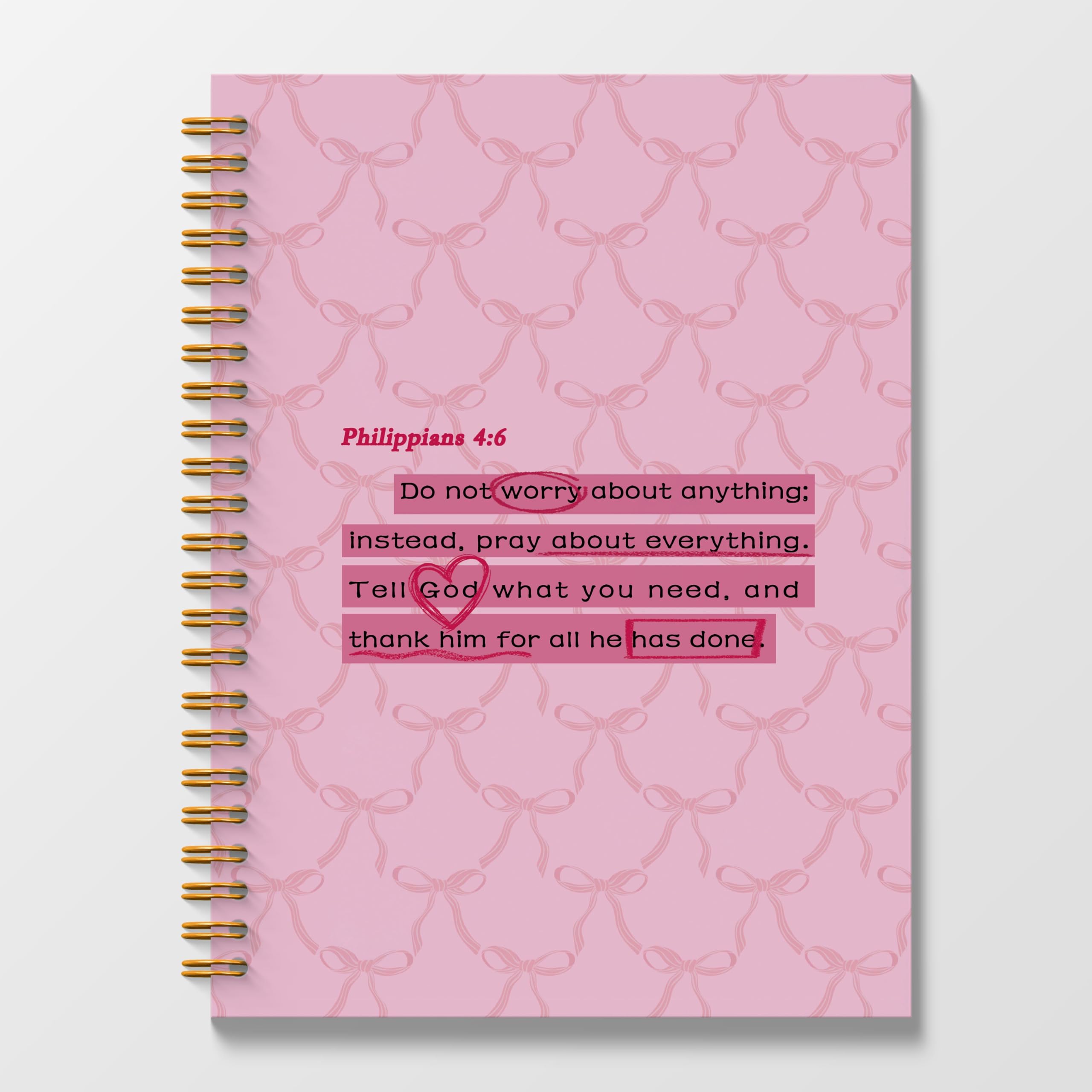Bible Journaling Spiral Notebook 5.5x8.3 Inches - Pink Bow Christian Notebook with Philippians 4:6 Verse, Inspirational Gift for Women | Perfect for Scripture Study, Prayer Journaling & Faith-Based Reflection