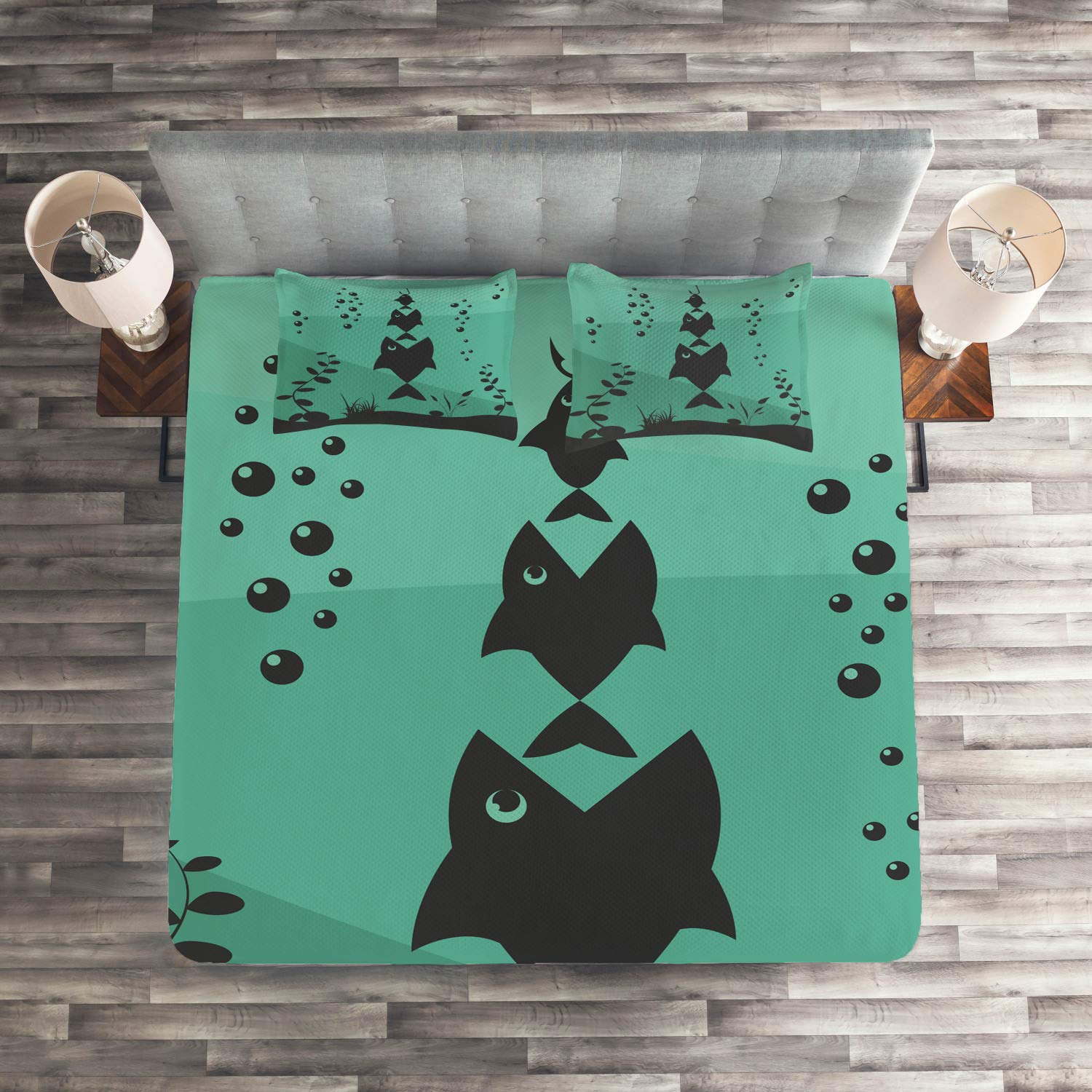 Ambesonne Queen Size 3-Piece Quilted Bedspread Set - Underwater Ocean Theme with Big Fish Eats Small Fish Design, Includes 2 Pillow Shams (Teal Grey) | Perfect for Coastal Bedroom Decor, Beach House Master Suite or Nautical Themed Guest Room