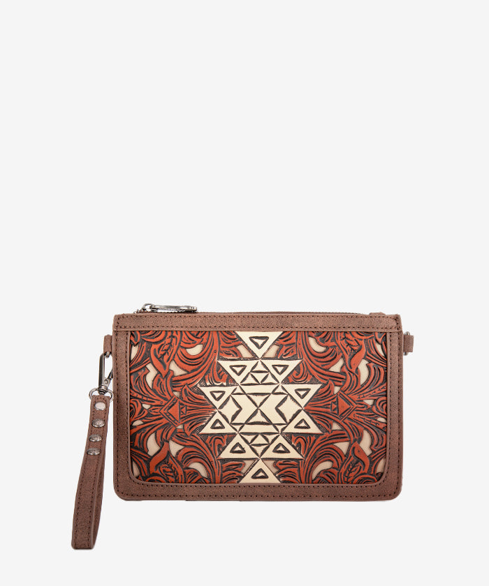 Trinity Ranch Aztec Tooled Leather Wristlet - Stylish Crossbody Wallet for Women | Perfect for Shopping, Travel & Everyday Use