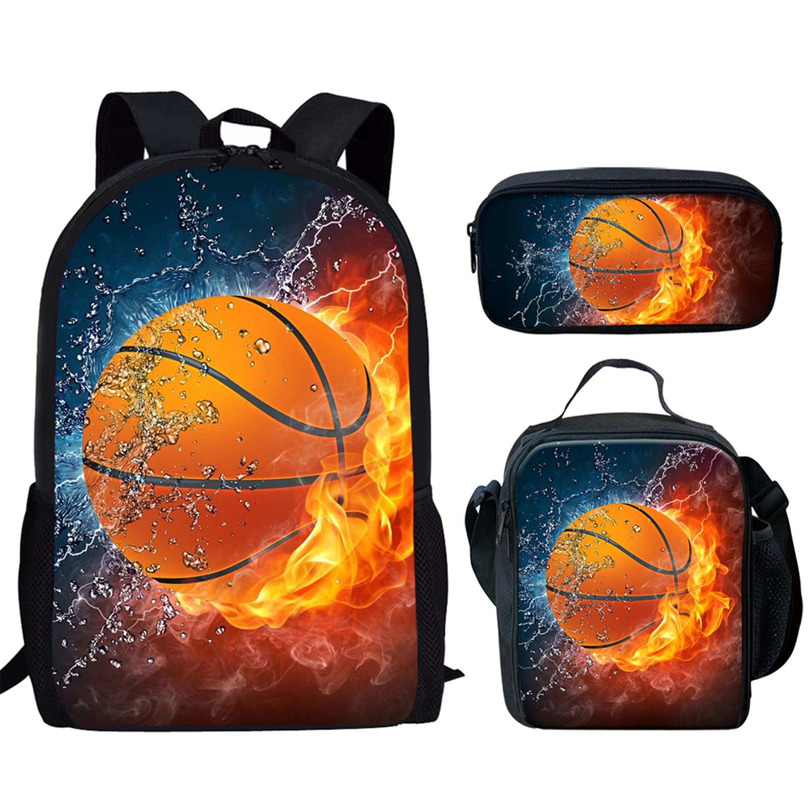 Mumeson Cool Backpack Set for Boys & Girls - 3 Piece School Backpack with Basketball Design, Lightweight Bookbag, Insulated Lunch Bag & Pencil Cases - Perfect for School, Travel & Sports Activities