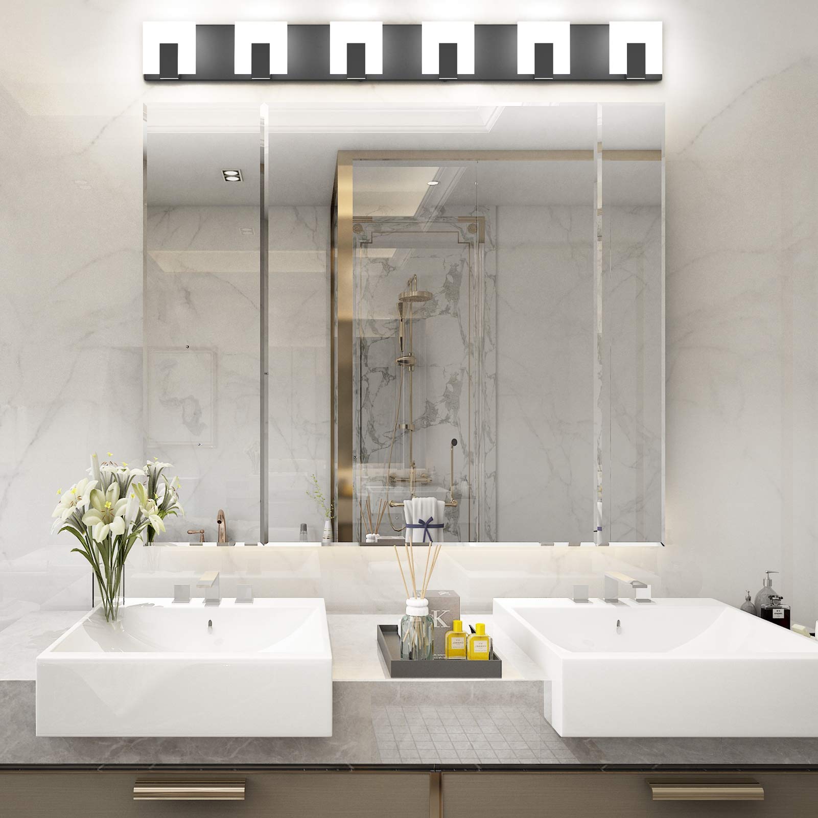 Aipsun 6-Light Modern Black LED Vanity Light Fixture - Up and Down Lighting for Bathroom Wall Mirror - 6000K Cool White - Perfect for Makeup, Shaving & Home Decor