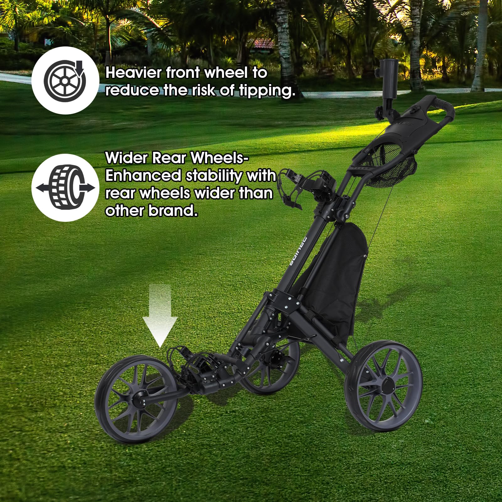 DRUIDS 3 Wheel Golf Push Cart - Lightweight Compact Folding Golf Trolley with Cooler, Brake & Cup/Umbrella Holder | Manual Pull Caddy for Walking Golfers | Perfect for Golf Courses, Driving Ranges & Outdoor Practice