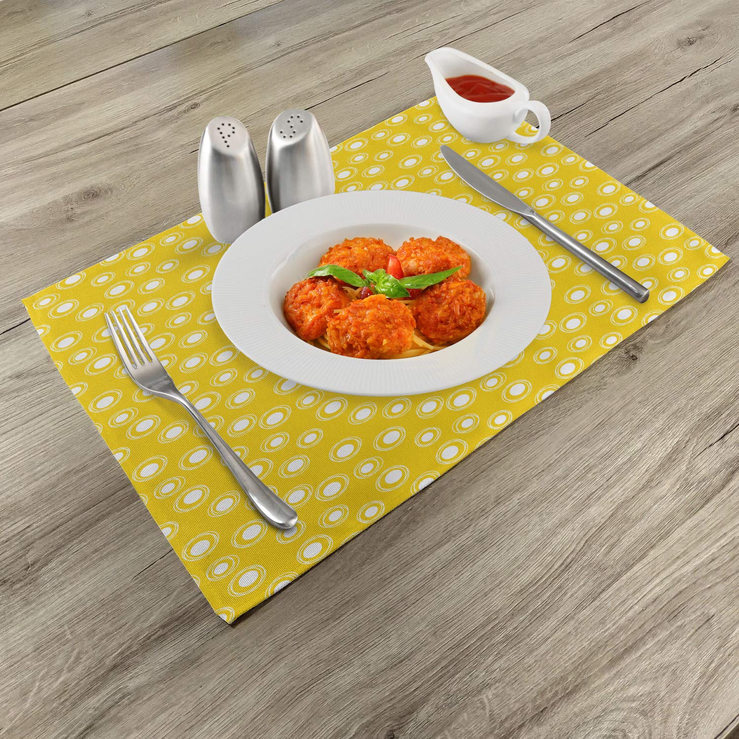 Ambesonne Yellow and White Place Mats Set of 4 - Washable Fabric Table Mats with White Round Spots & Sketchy Circles Design - Perfect for Dining Room, Kitchen Table Decor & Holiday Dinner Parties