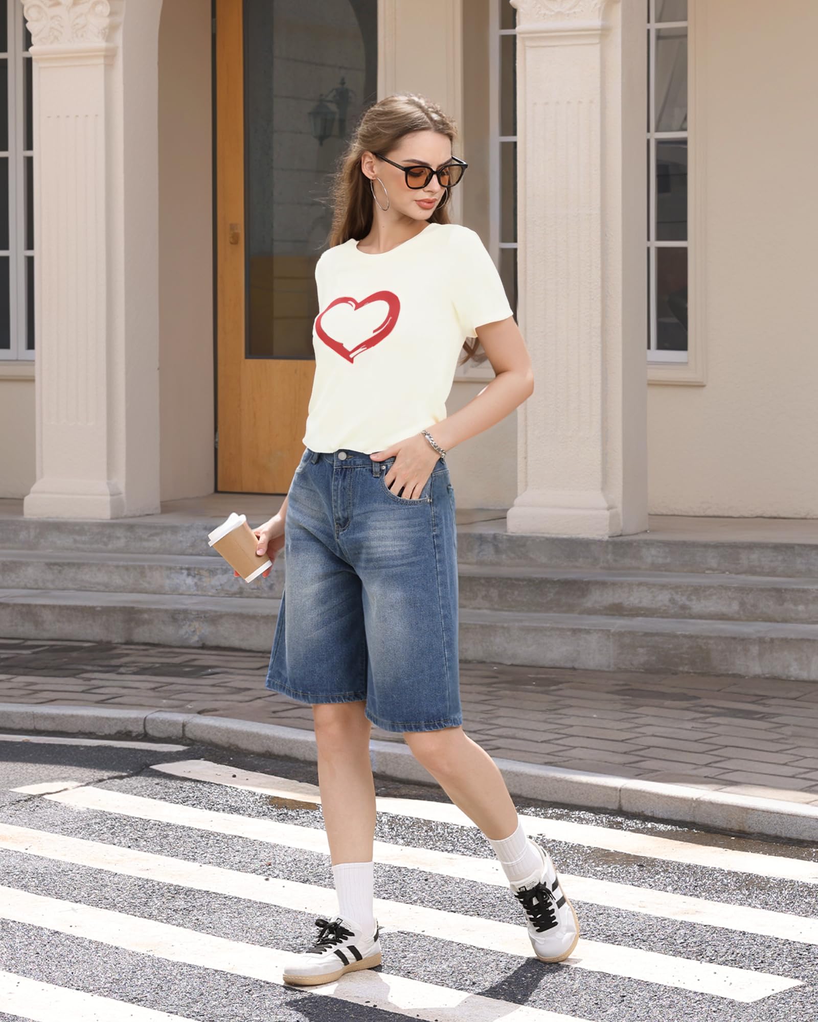 HERLOLLYCHIPS Women's Cute Heart Print Crewneck Short Sleeve T-Shirt - Regular Fit Casual Top for Summer Outings, Date Nights & Everyday Wear
