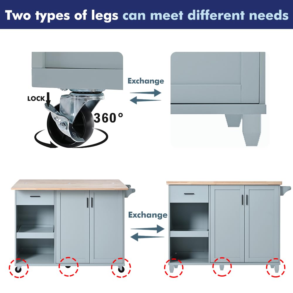Rolling Kitchen Island with 2-Sided Drop Leaf - Mobile Kitchen Cart with Storage Cabinet & Drawers (Grey Blue) - Perfect for Small Kitchens, Dining Areas & Food Prep Stations