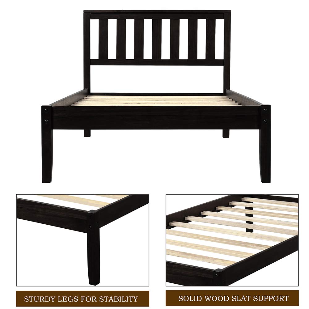 Solid Wood Platform Bed with Headboard & Slat Support - Twin Size Espresso Finish - Perfect for Kids Rooms, Guest Bedrooms & Small Spaces