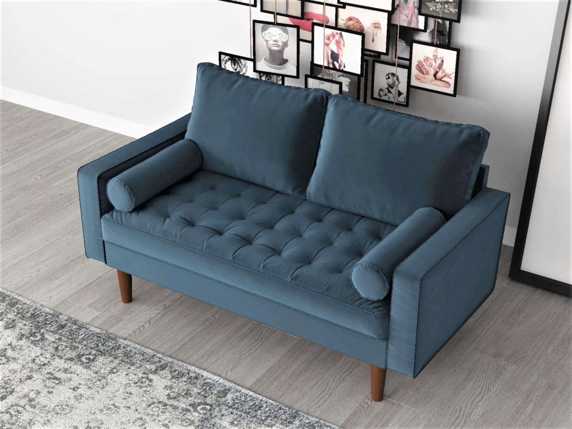 Mid Century Modern Velvet Loveseat with Tufted Seat & Bolster Pillows - Oxford Blue Upholstered Sofa for Living Room, Lounge & Home Decor