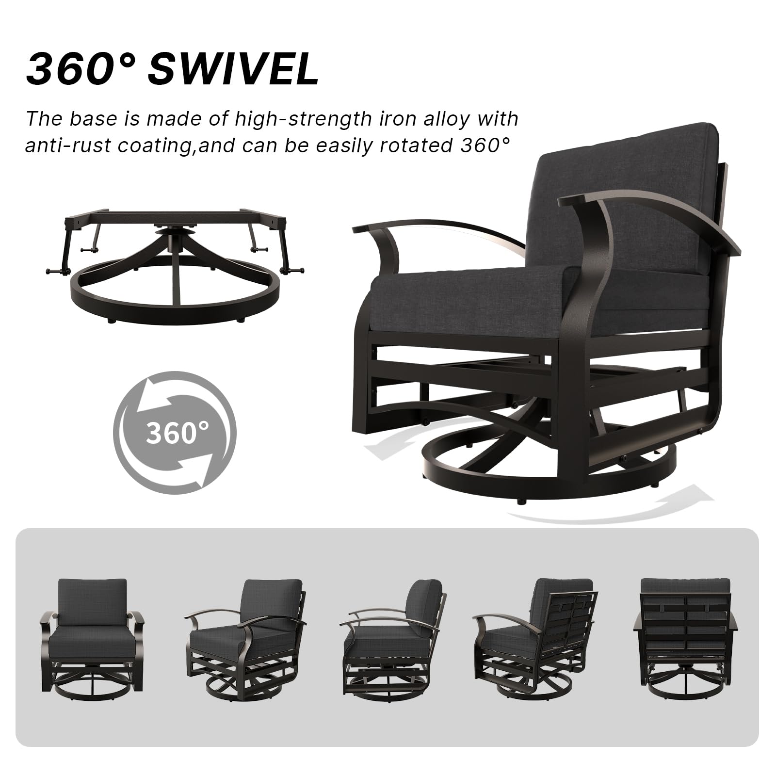 Gotland 3-Piece Outdoor Patio Furniture Set - Aluminum Swivel Rocking Chairs with Black Cushions & Coffee Table - Durable Metal Conversation Set for Porch, Garden, Deck or Backyard Relaxation