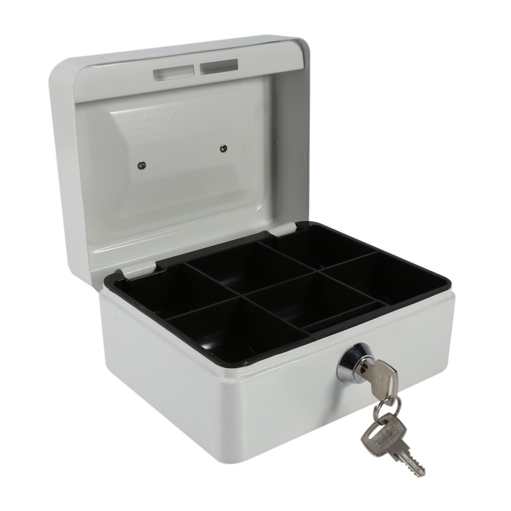1Pc Metal Cash Box - Small Portable Steel Lockable Security Box with Key, Resistant Safe for Money, Jewelry & Valuables - Ideal for Home, Office, Retail & Travel Use (White)