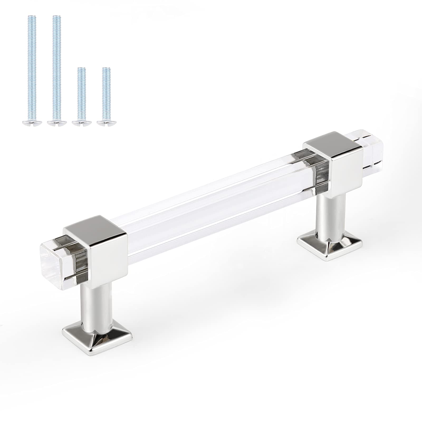 30 Pack 3 3/4 Inch Square Acrylic Cabinet Pulls - Clear Drawer Handles with Zinc Alloy Chrome Base - Modern Kitchen & Bathroom Hardware for Cabinets, Wardrobes, Dressers & Furniture