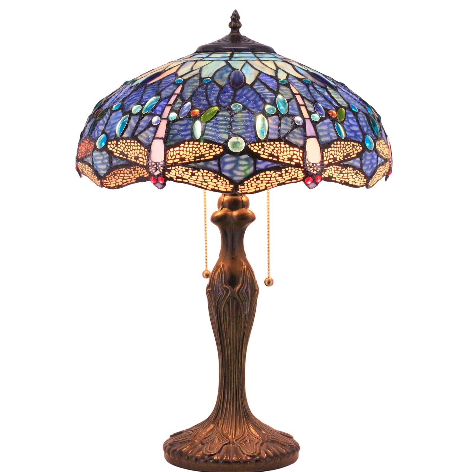 WERFACTORY Tiffany Style Dragonfly Stained Glass Table Lamp - 16x16x24 Inch Blue Bedside Reading Light with Metal Base for Bedroom, Living Room & Home Office (S631 Series) | Perfect for Cozy Ambiance, Study & Relaxation