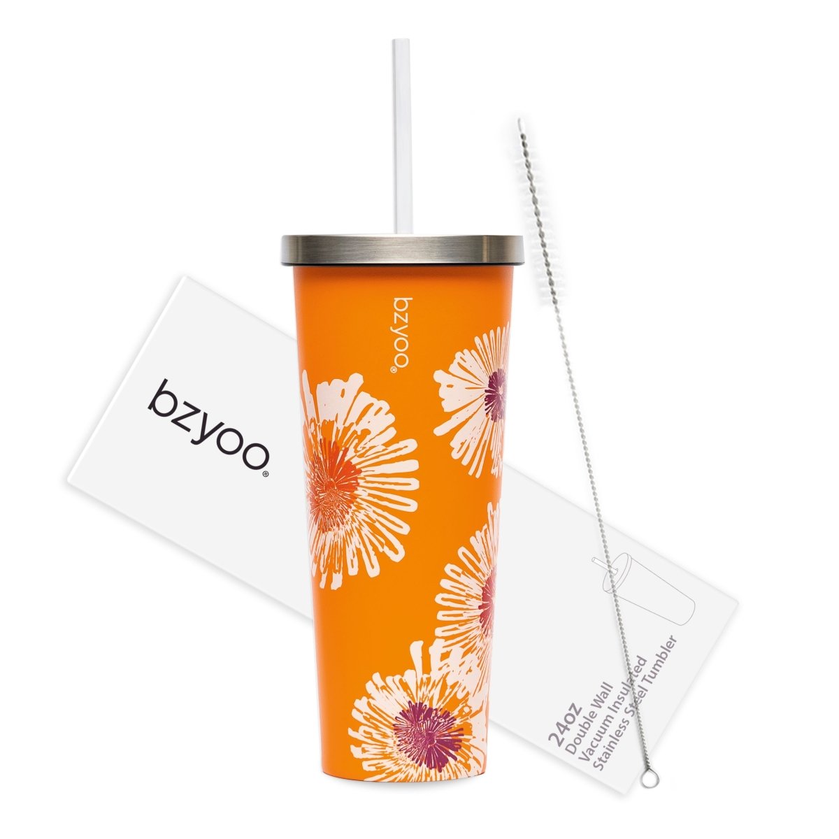 24oz Double Wall Vacuum Insulated Stainless Steel Tumbler with Straw Lid - Floral Orange Design | Leakproof & Sweatproof | Perfect for Coffee, Iced Tea & Outdoor Activities