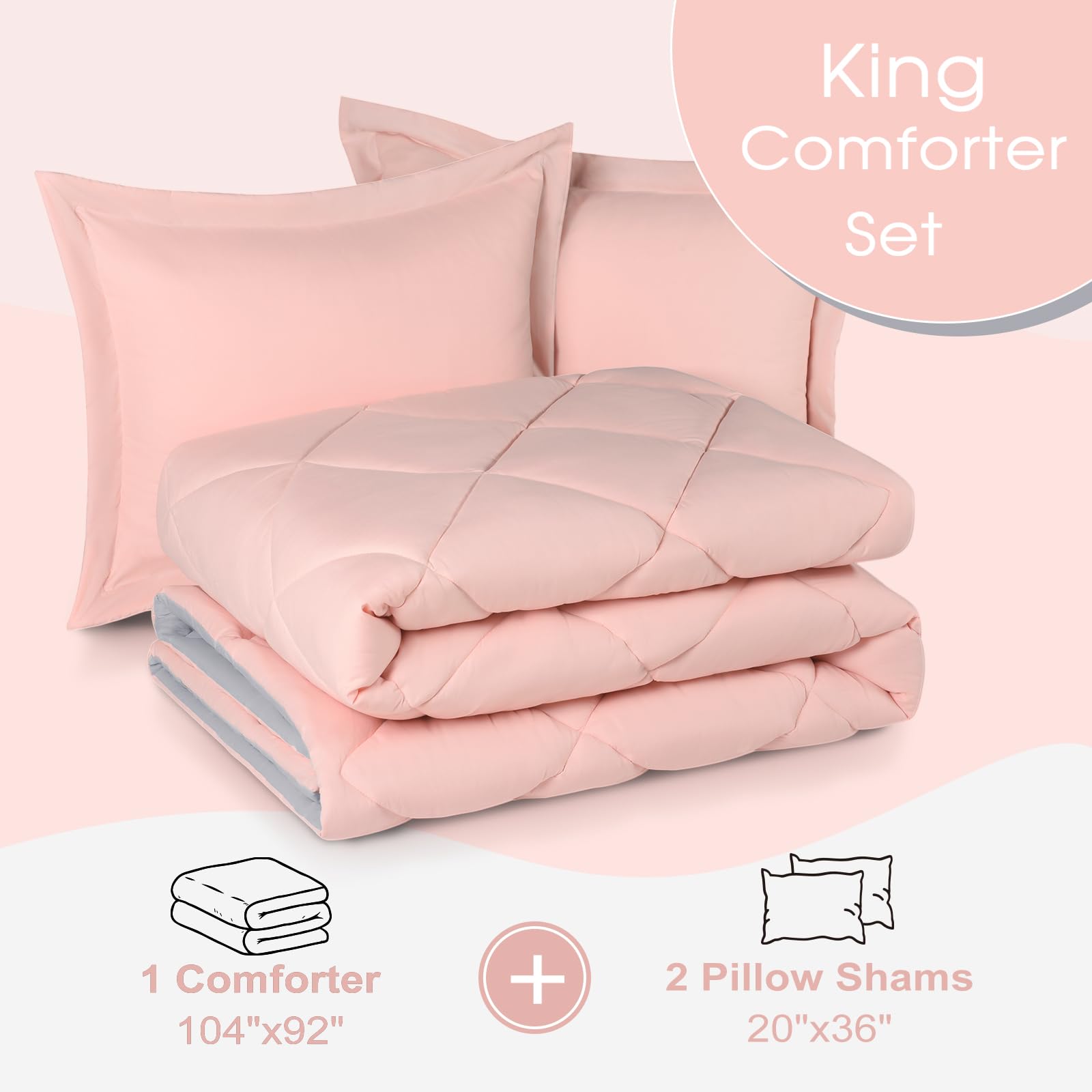 Basic Beyond King Size Comforter Set - Reversible Pink & Grey All-Season Bedding (104x92 inches) with 2 Pillow Shams (20x36+2 inches) | Ultra Soft King Comforter for Master Bedroom, Guest Room & Cozy Home Decor