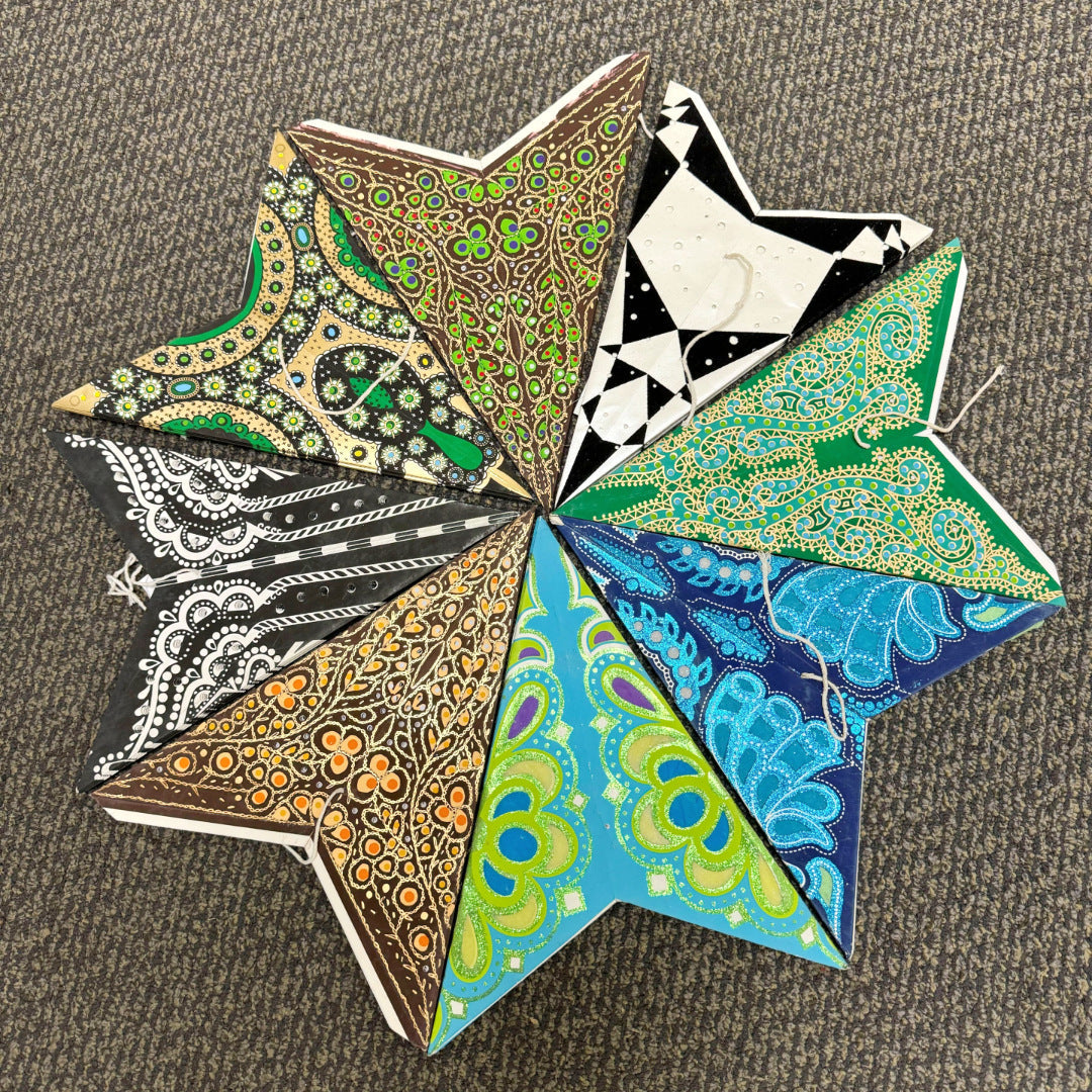 24 Pack Paper Star Lanterns - 5 Unique Designs Mystery Assortment for Party Decorations, Wedding Centerpieces & Home Festival Lighting