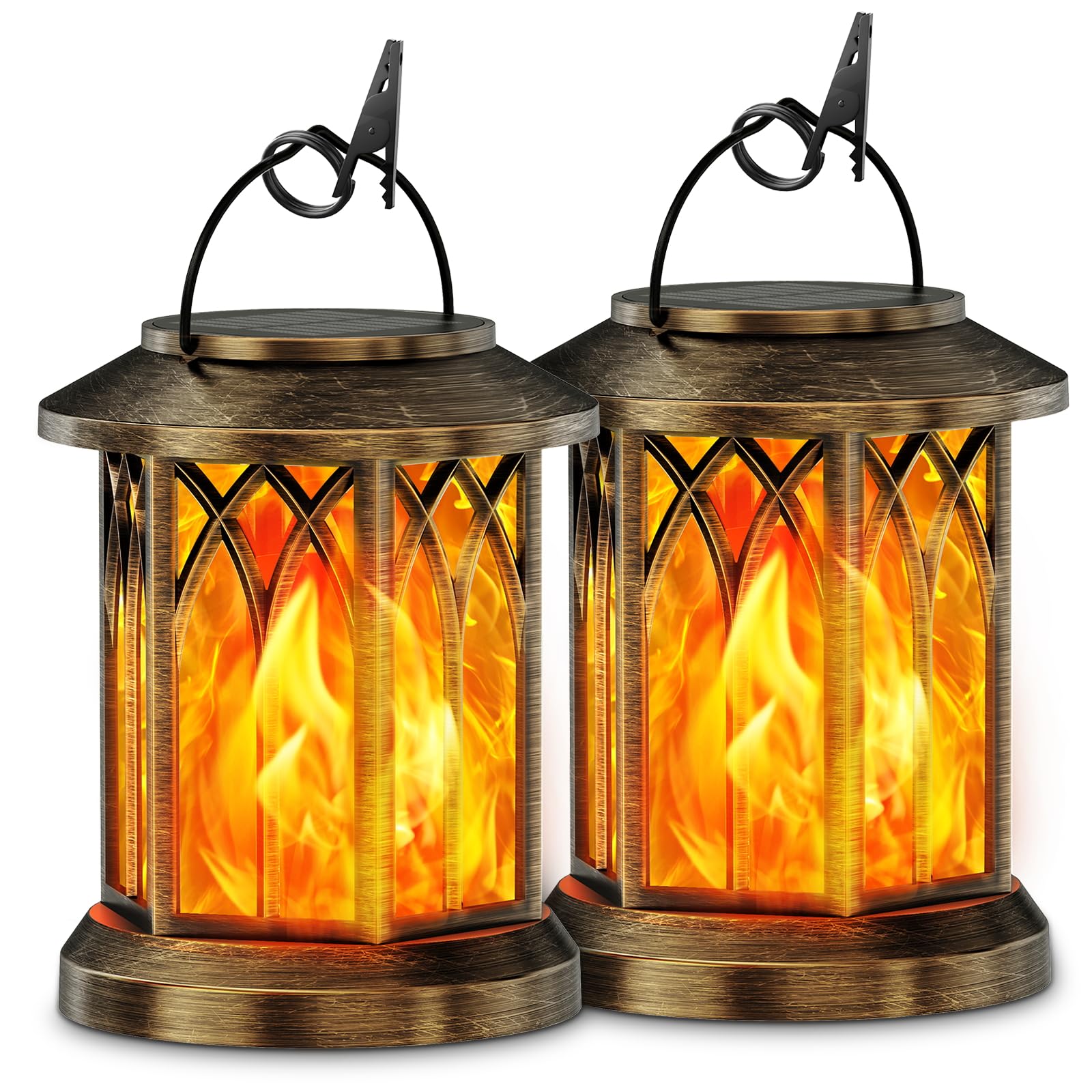 KOOPER 2 Pack Solar Hanging Lanterns with Flickering Flame Effect - Waterproof Outdoor Solar Lights for Yard, Garden, Patio Decor - Auto On/Off Bronze Solar Lanterns - Perfect for Backyard, Pathway, and Porch Lighting
