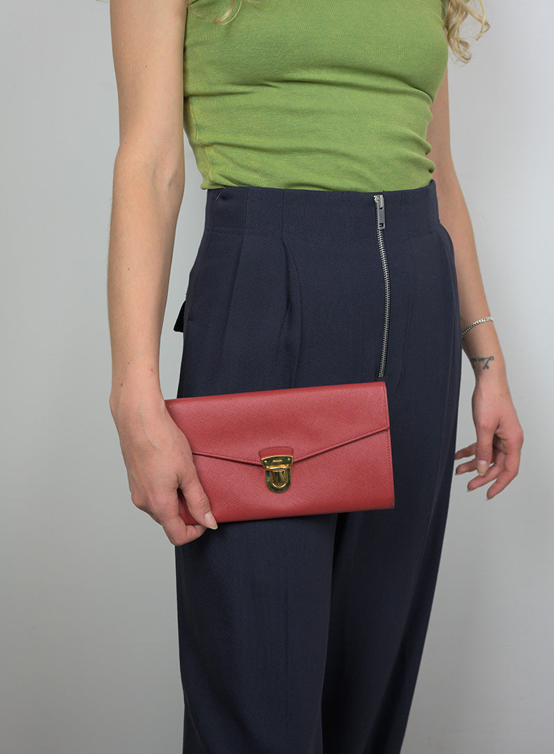 Prada Saffiano Leather Pochette Handbag in Red - Elegant Clutch for Women, Perfect for Parties, Weddings & Evening Events
