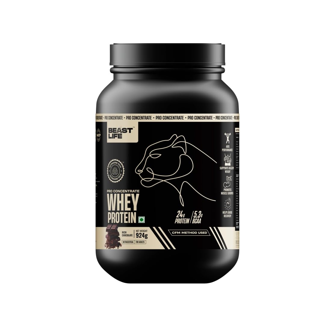 BeastLife Whey Protein Powder - Rich Chocolate Flavor 924g | 24G Protein & 5.3G BCAA | Ultrasorb Tech for High Absorption | Muscle Building & Recovery for Men & Women | Perfect for Post-Workout, Gym Training & Fitness Nutrition