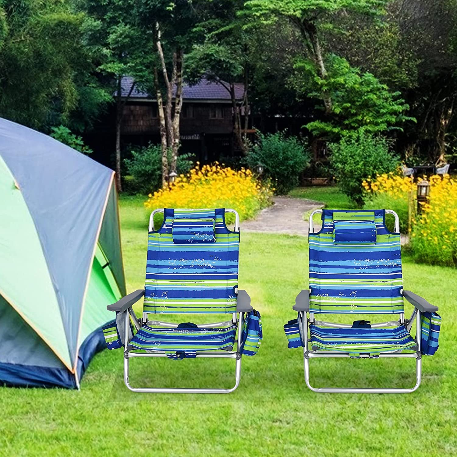 Goplus Folding Beach Chair for Adults - 5 Position Adjustable with Head Pillow, Cooler Bag, Towel Bar & Cup Holders - Portable Backpack Design for Sunbathing, Tanning, Camping & Outdoor Relaxation