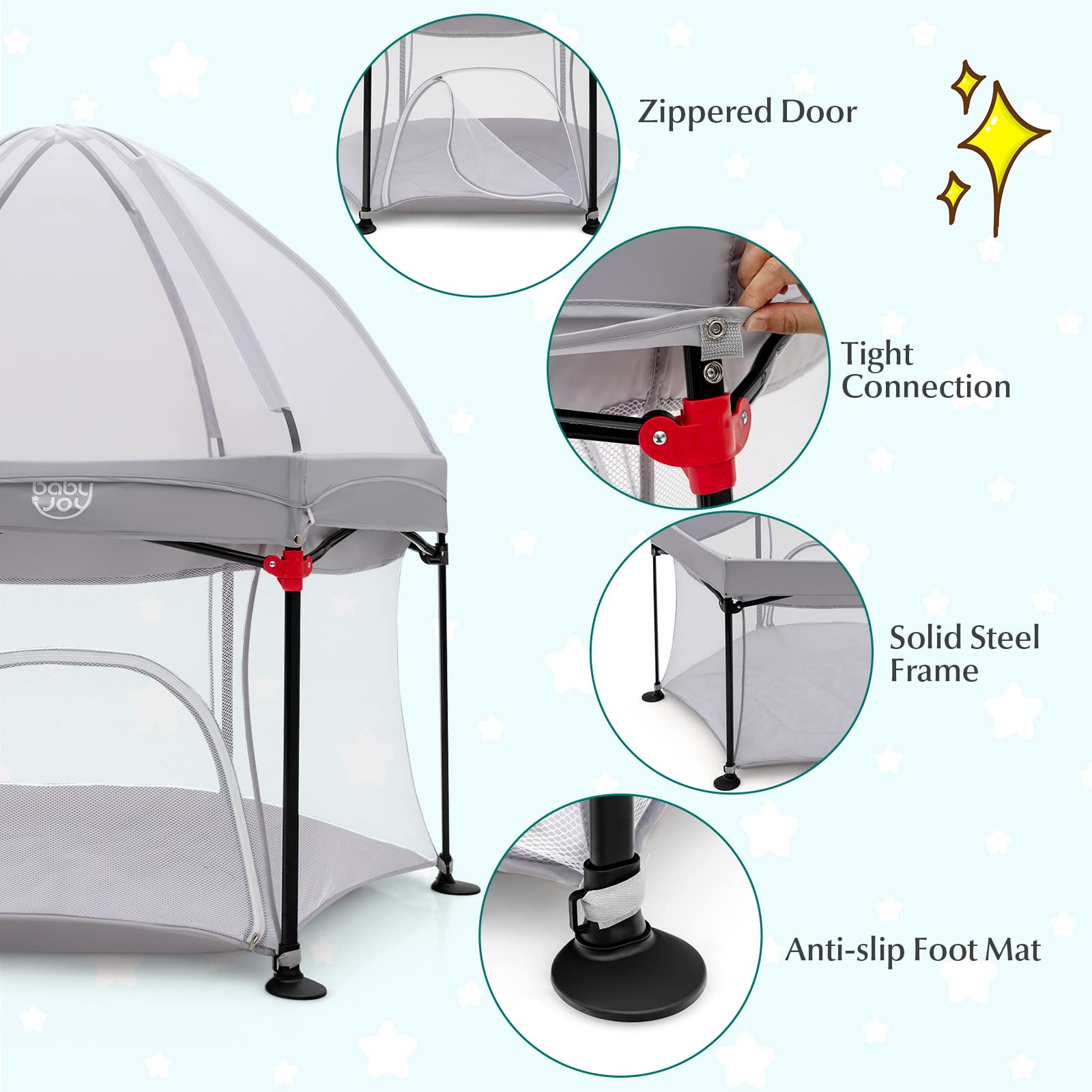 BABY JOY 53'' Portable Baby Playpen – Large Foldable Play Yard for Infants & Toddlers with UV Canopy, Padded Mat & Carry Bag | Indoor Outdoor Use for Home, Beach, Park & Backyard (Grey)